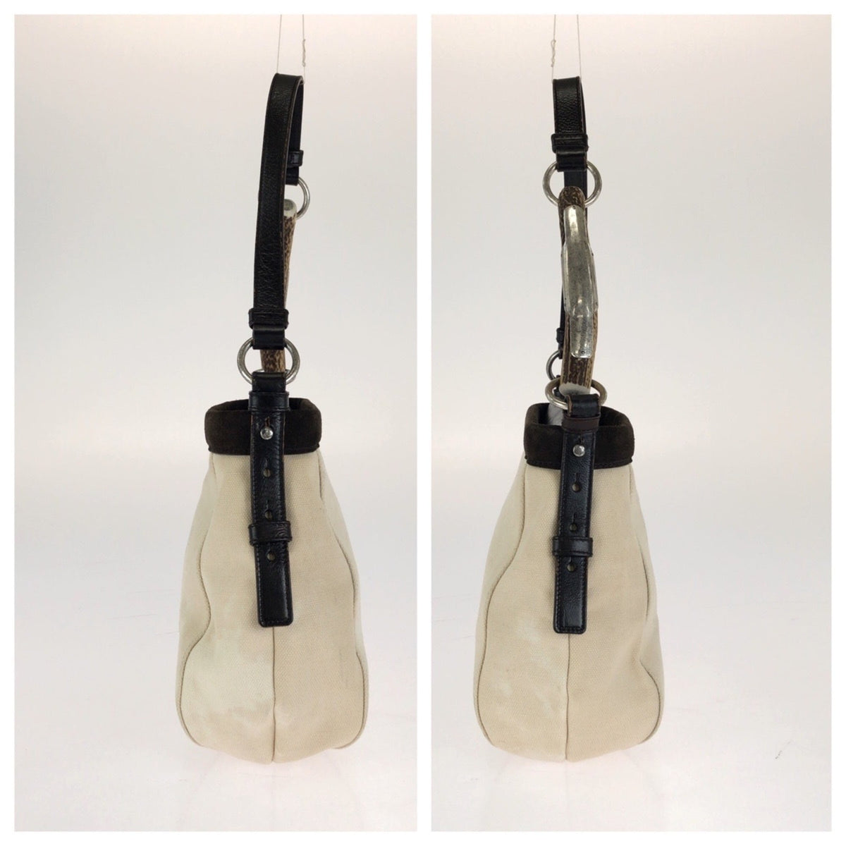 Yves Saint Laurent Brown Ivory White Canvas Leather Shoulder Bag (Pre-Owned)