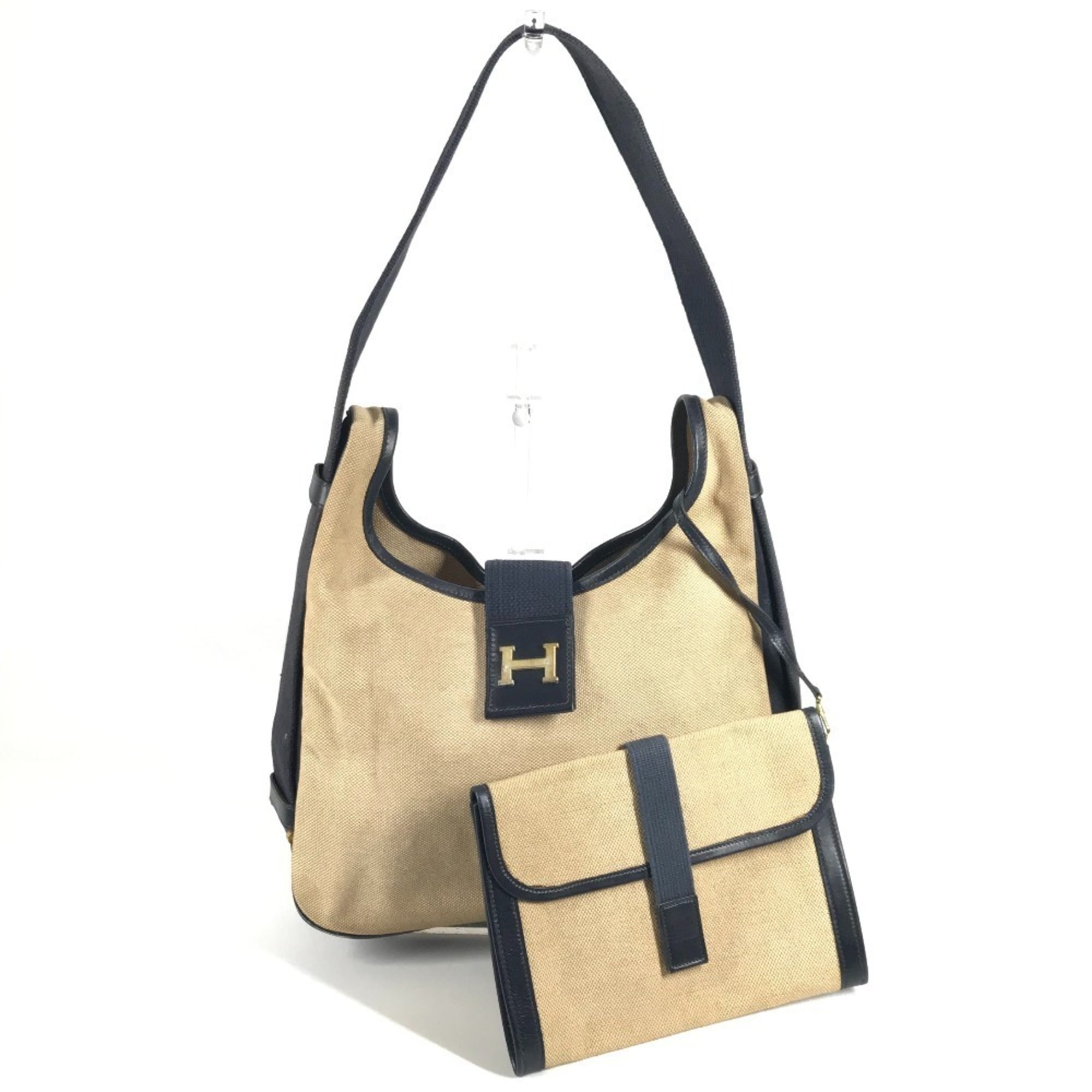 Hermes Beige Navy Leather Canvas Shoulder Bag (Pre-Owned)