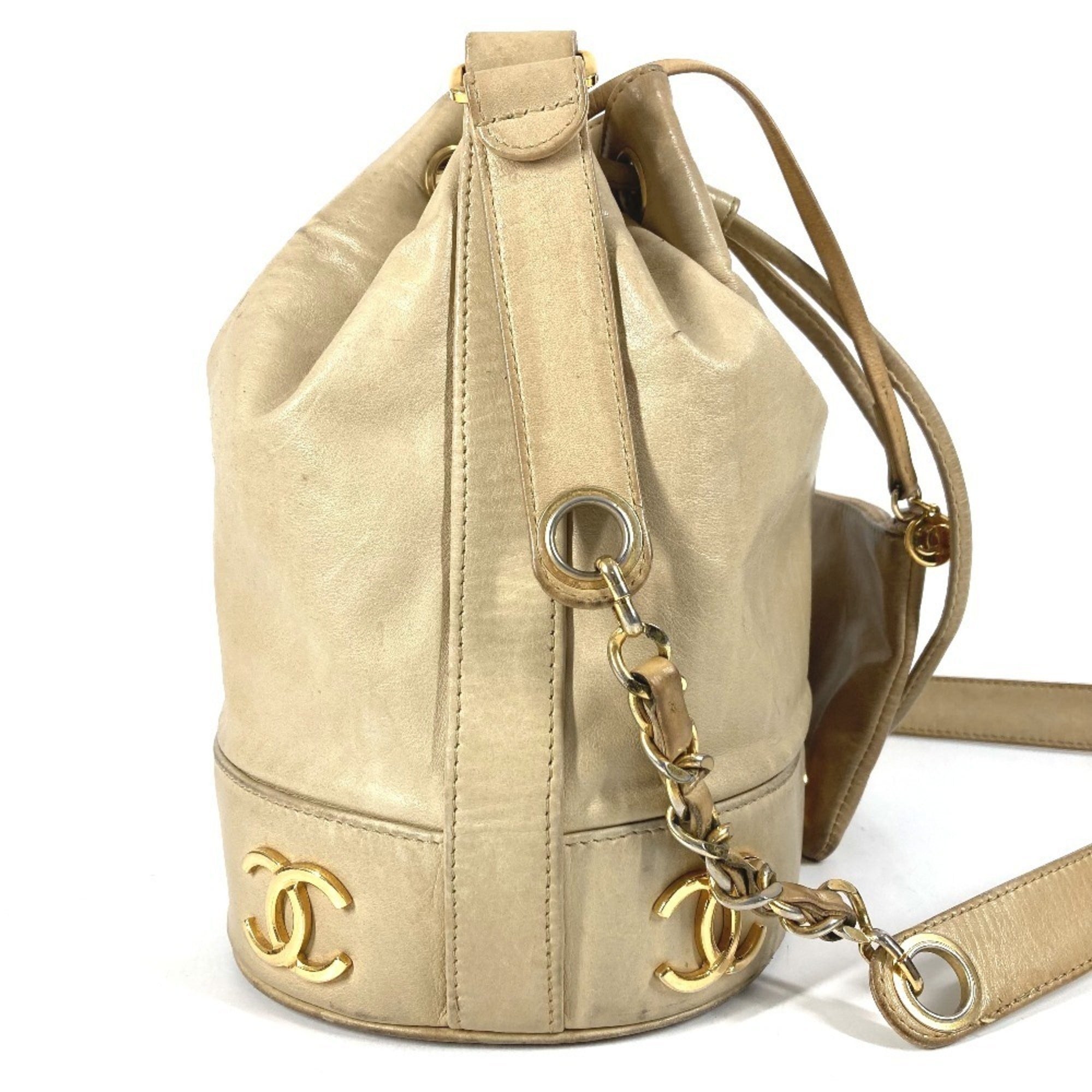 Chanel Beige Leather Handbag Pouch Shoulder Bag (Pre-Owned)