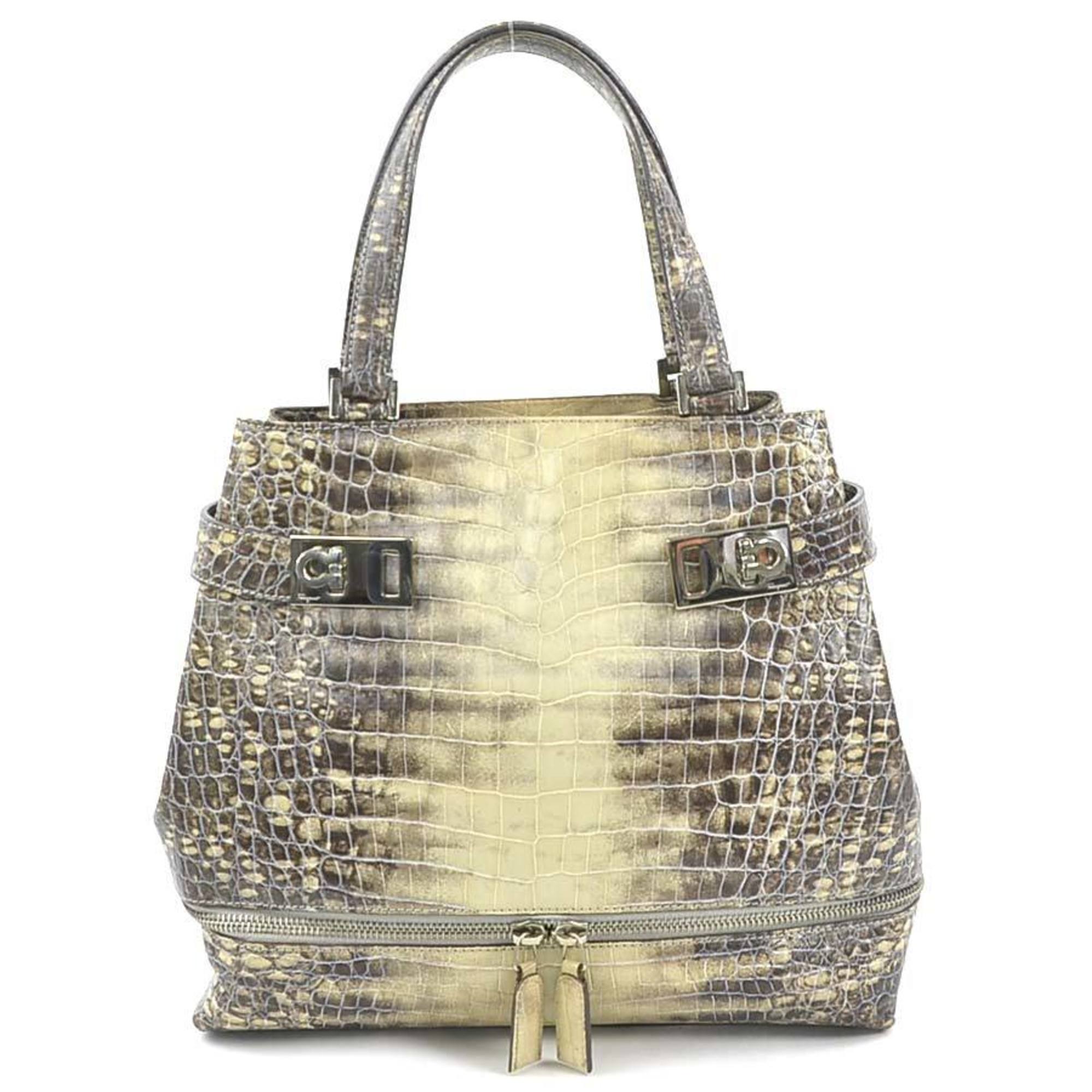 Salvatore Ferragamo Beige Gray Leather Handbag (Pre-Owned)