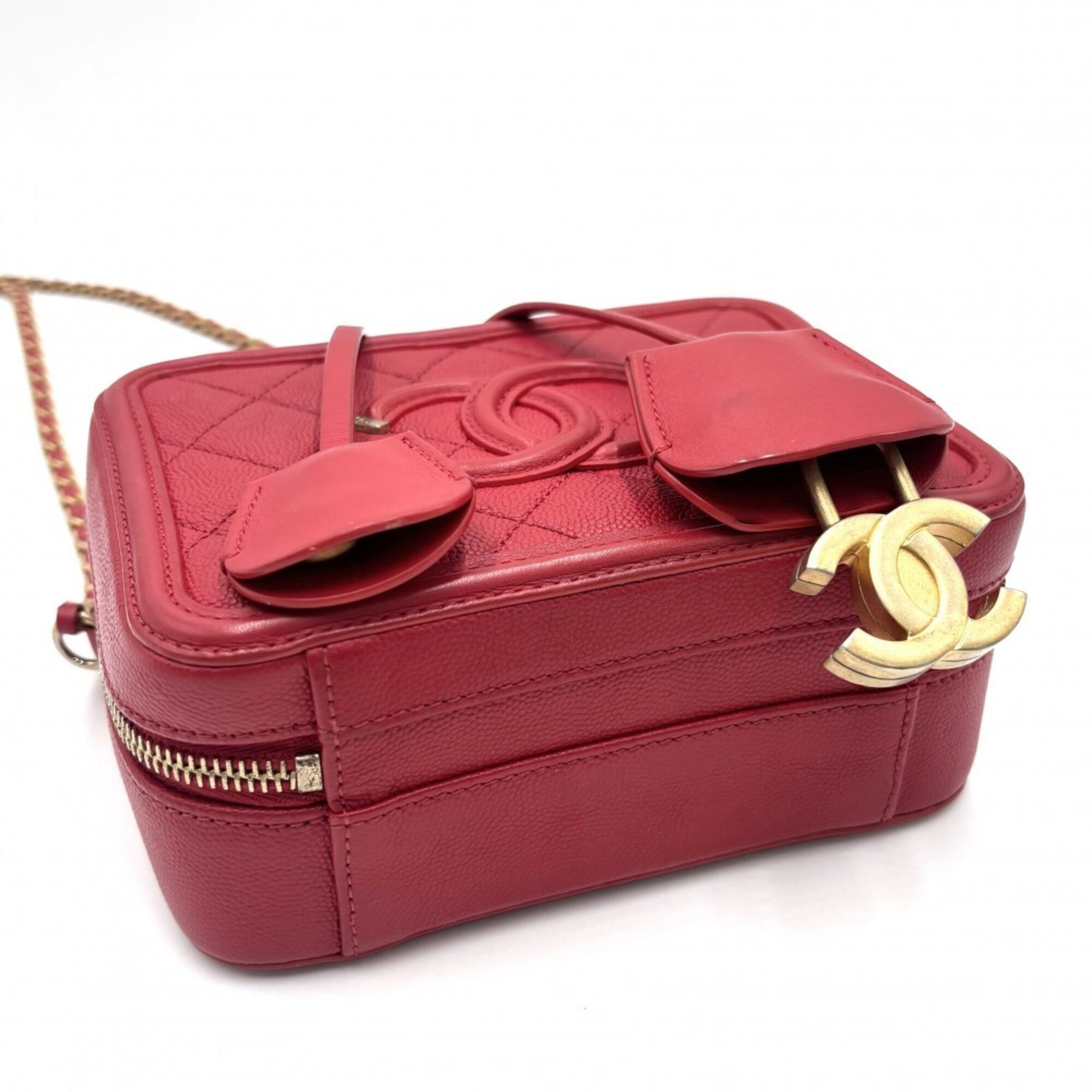 Chanel Red Color Grained Calfskin Pochette Shoulder Bag Vanity Bag (Pre-Owned)