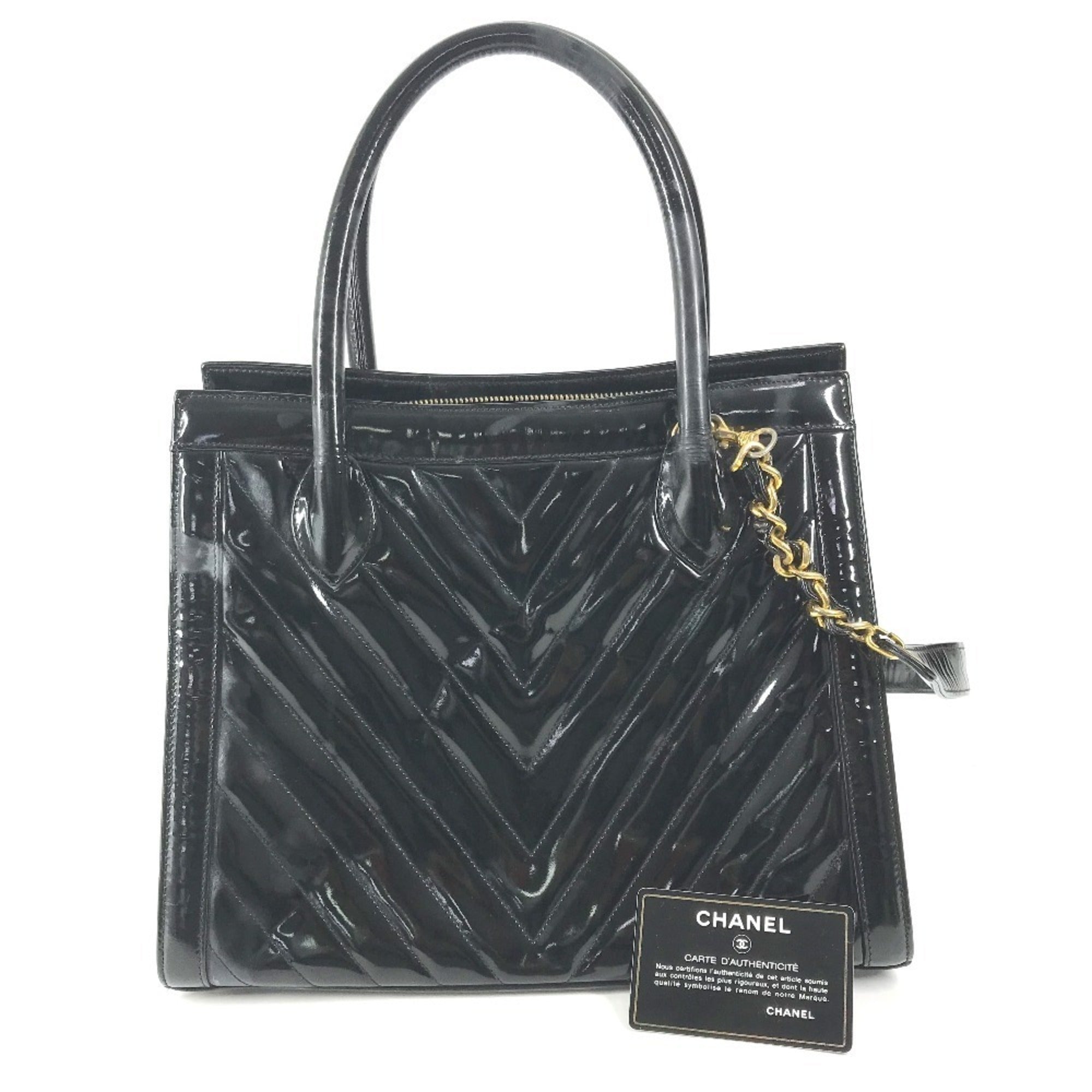 Chanel Black Gold Patent Leather Handbag Shoulder Bag Tote Bag (Pre-Owned)