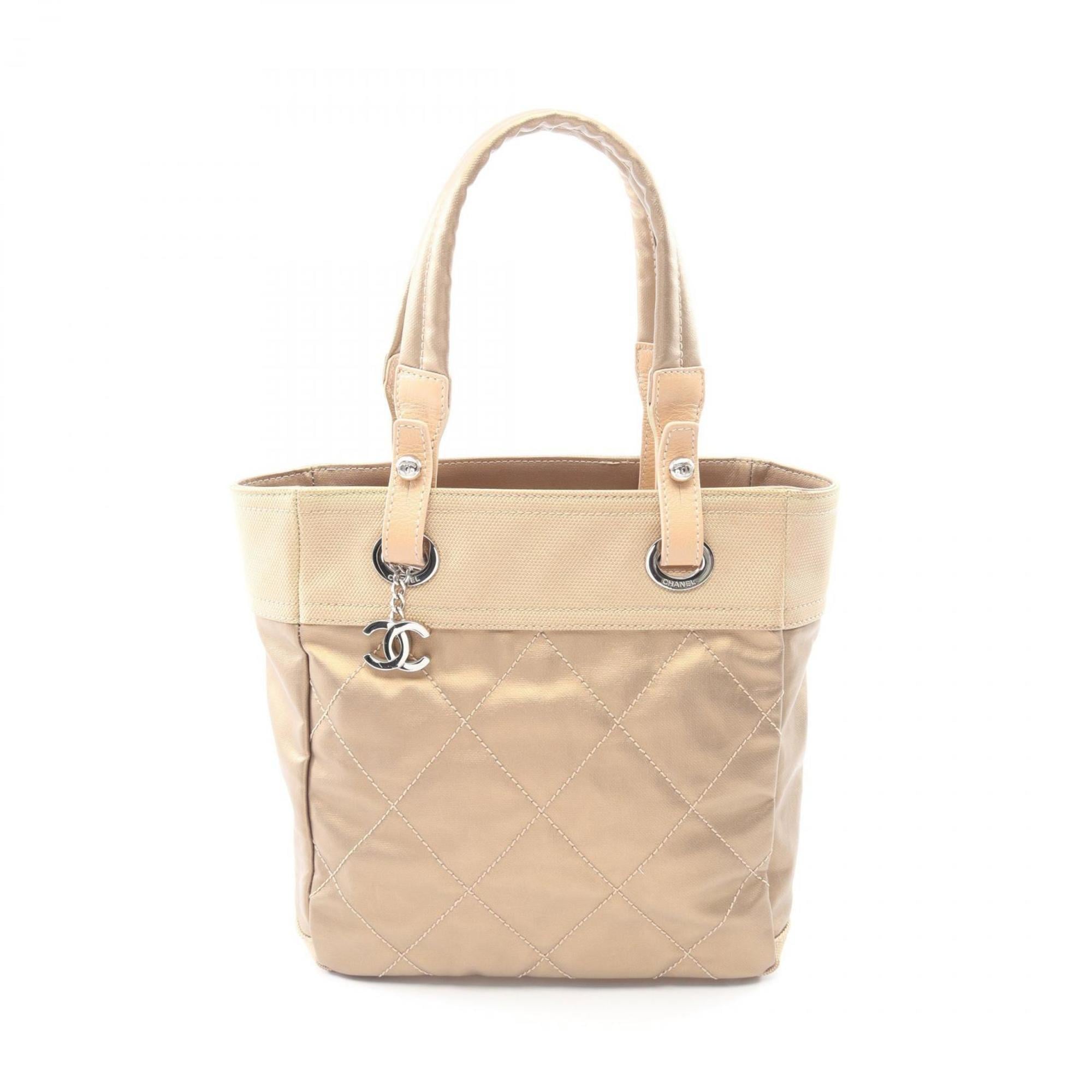 Chanel Beige Gold Coated Canvas Leather Handbag Tote Bag (Pre-Owned)