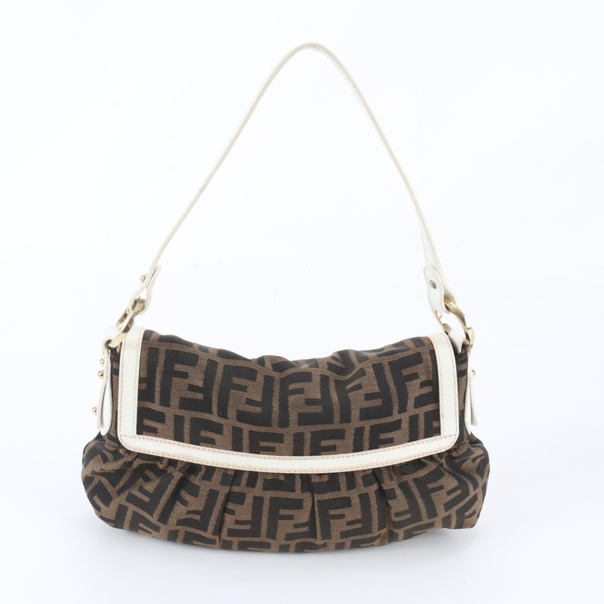 Fendi Brown White Leather Canvas Handbag Shoulder Bag Tote Bag (Pre-Owned)