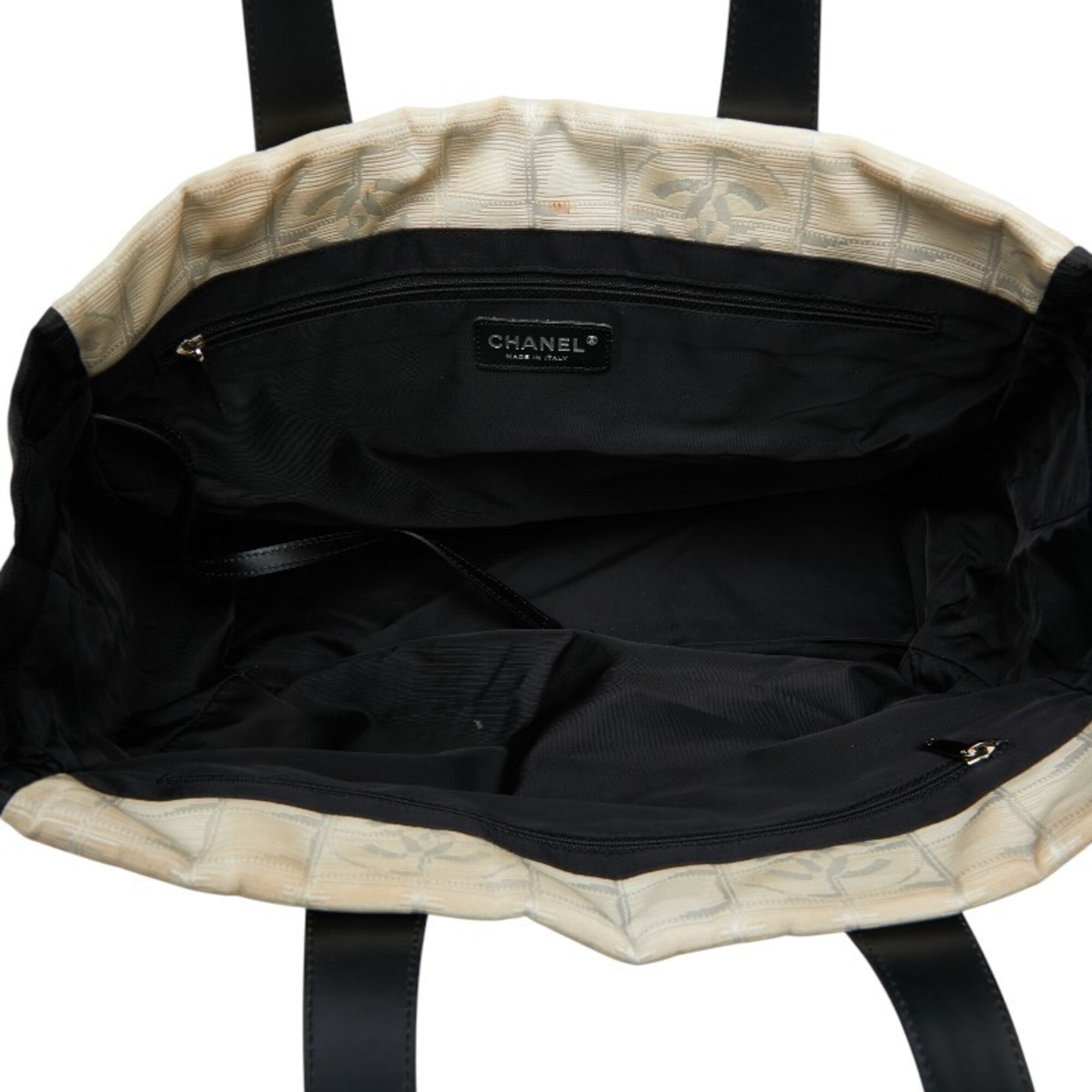 Chanel Beige Black Nylon Leather Handbag Tote Bag (Pre-Owned)