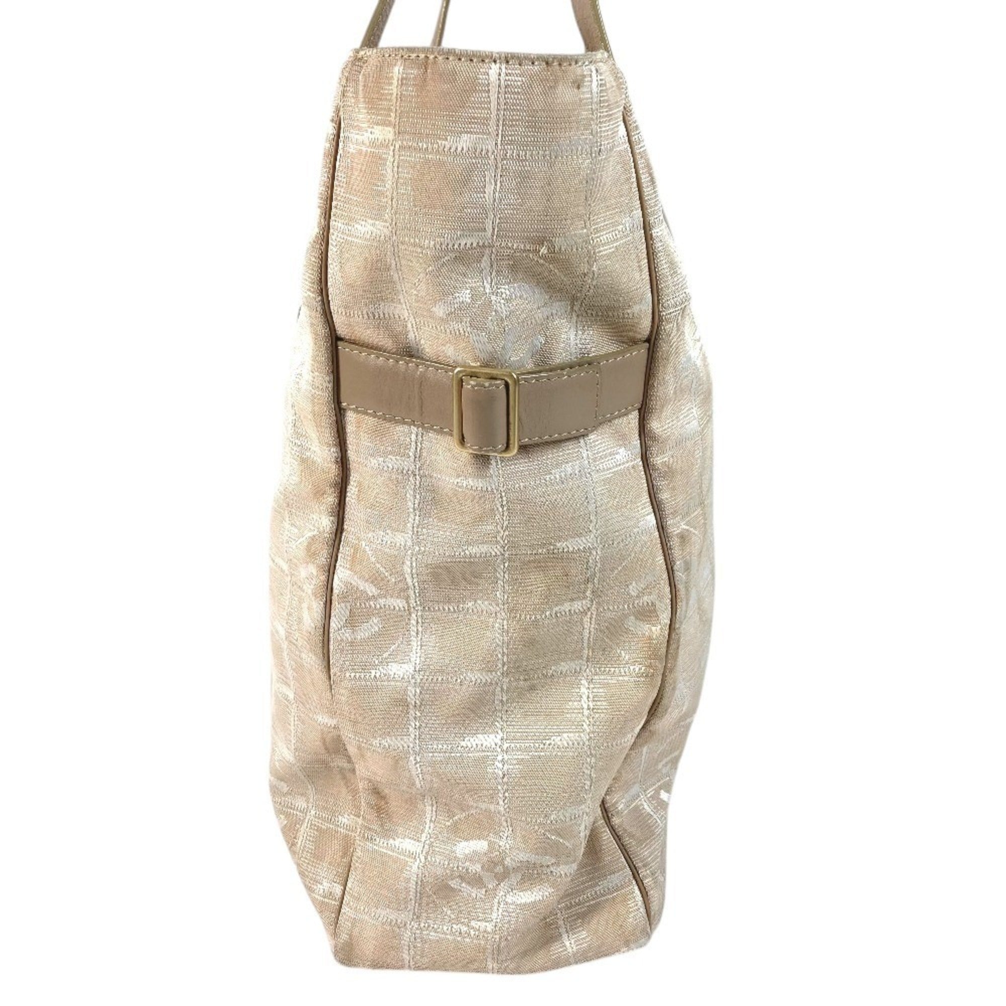 Chanel Beige Nylon Leather Shoulder Bag Tote Bag (Pre-Owned)