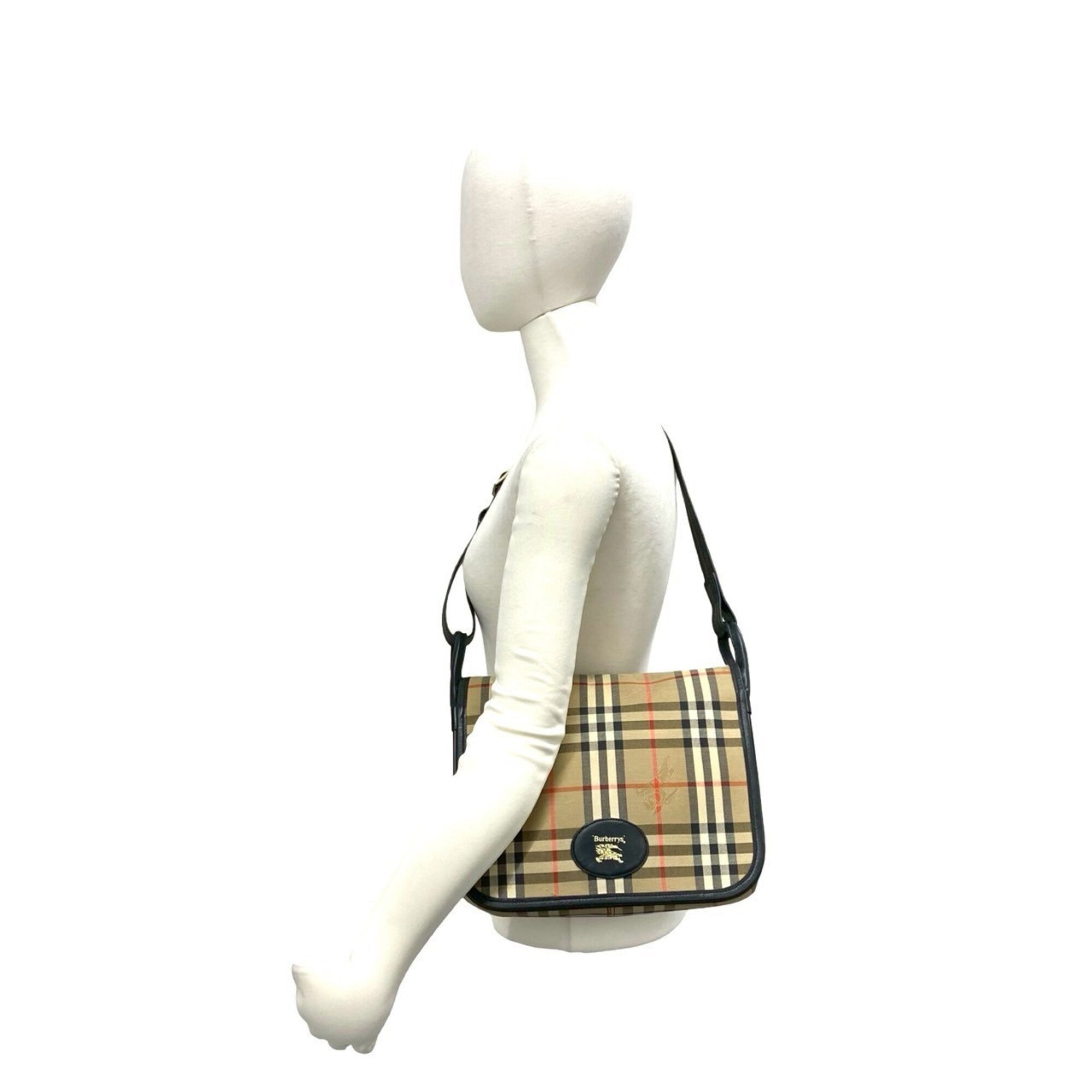 Burberry Beige Black Canvas Leather Shoulder Bag (Pre-Owned)