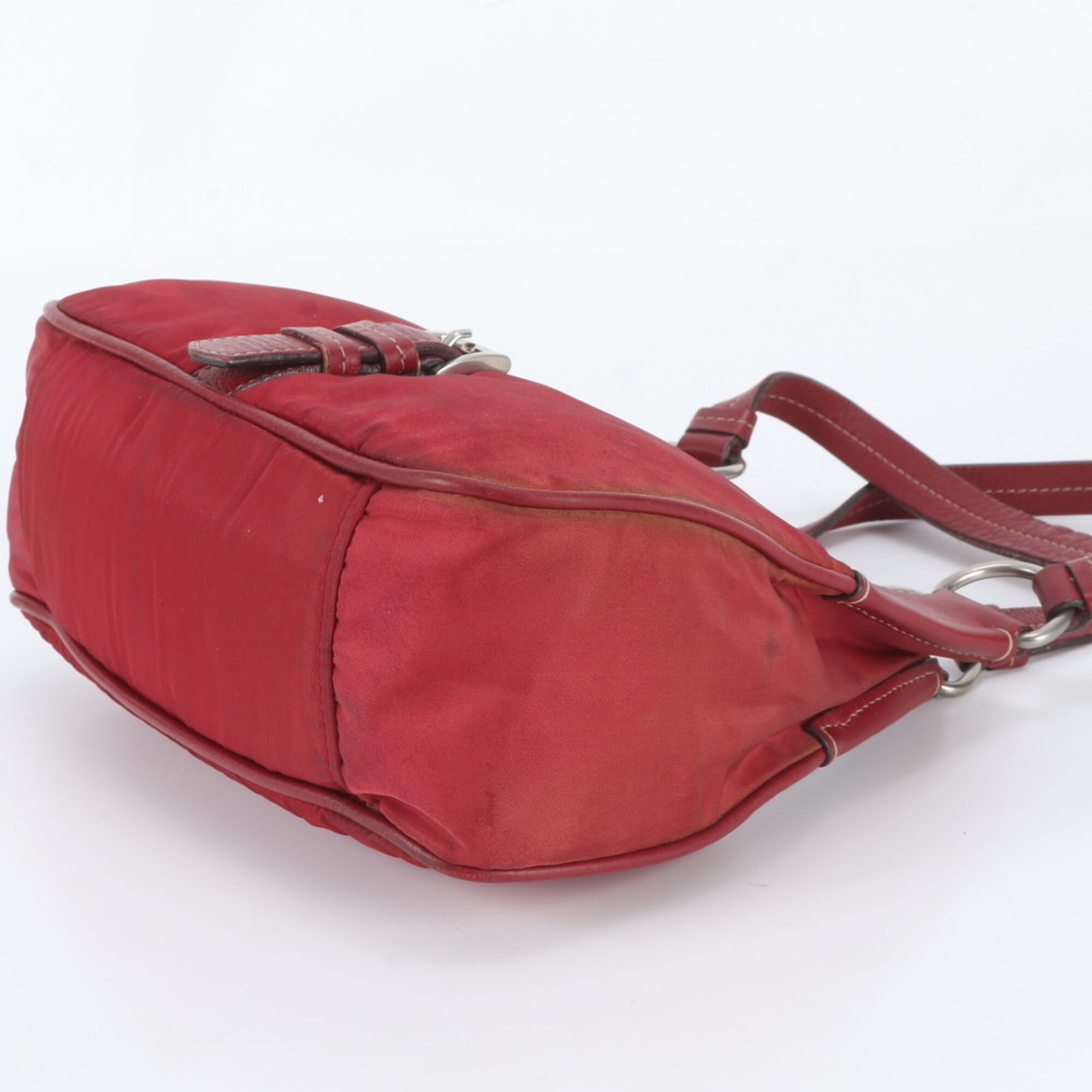 Prada Red Color Leather Nylon Handbag Shoulder Bag Tote Bag (Pre-Owned)
