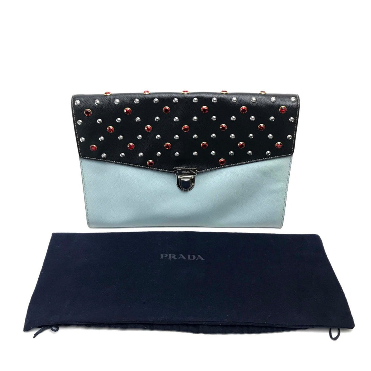 Prada Saffiano Black Light Blue Leather Clutch Bag (Pre-Owned)