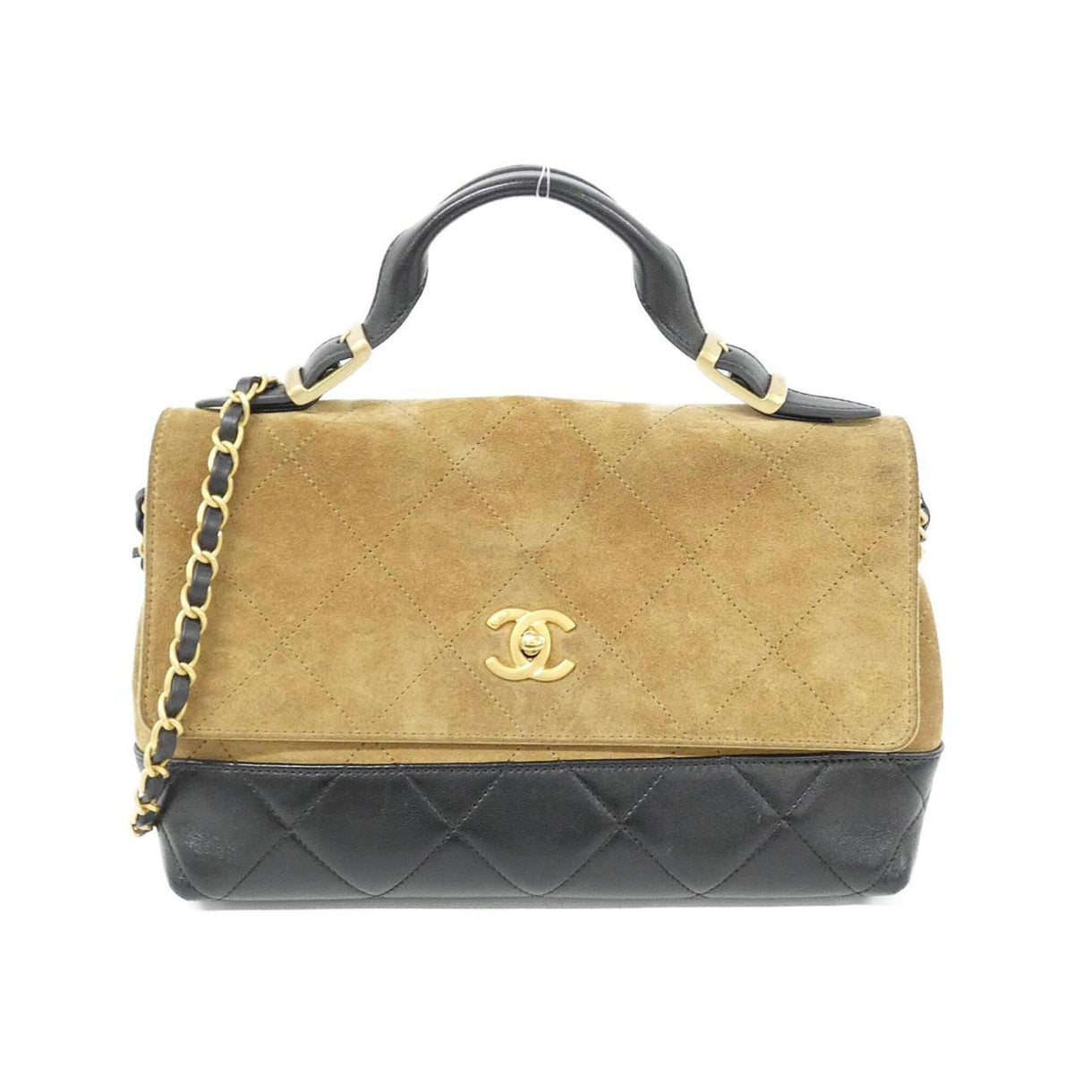 Chanel Beige Black Suede Leather Handbag (Pre-Owned)