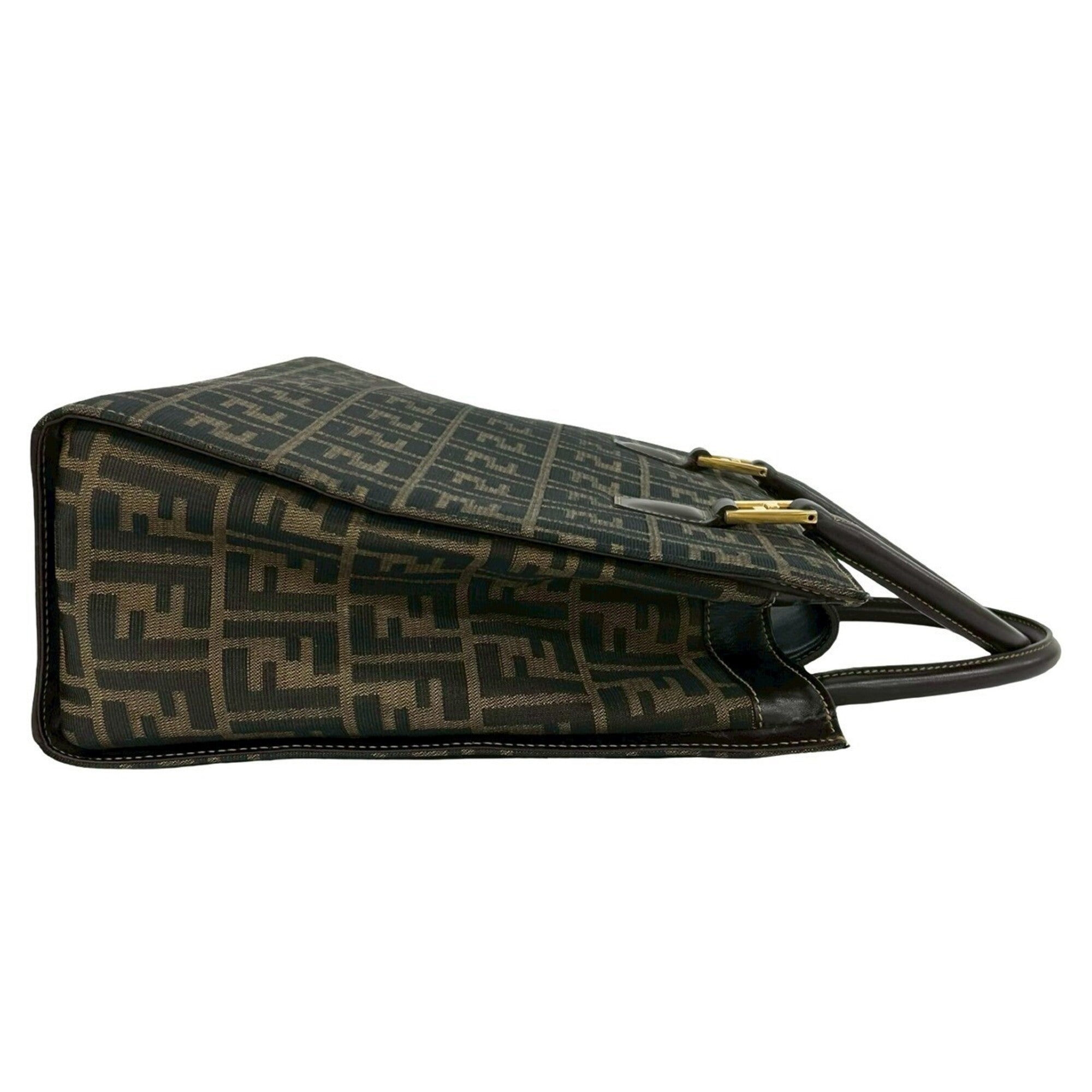 Fendi Black Brown Khaki Canvas Leather Handbag Tote Bag (Pre-Owned)