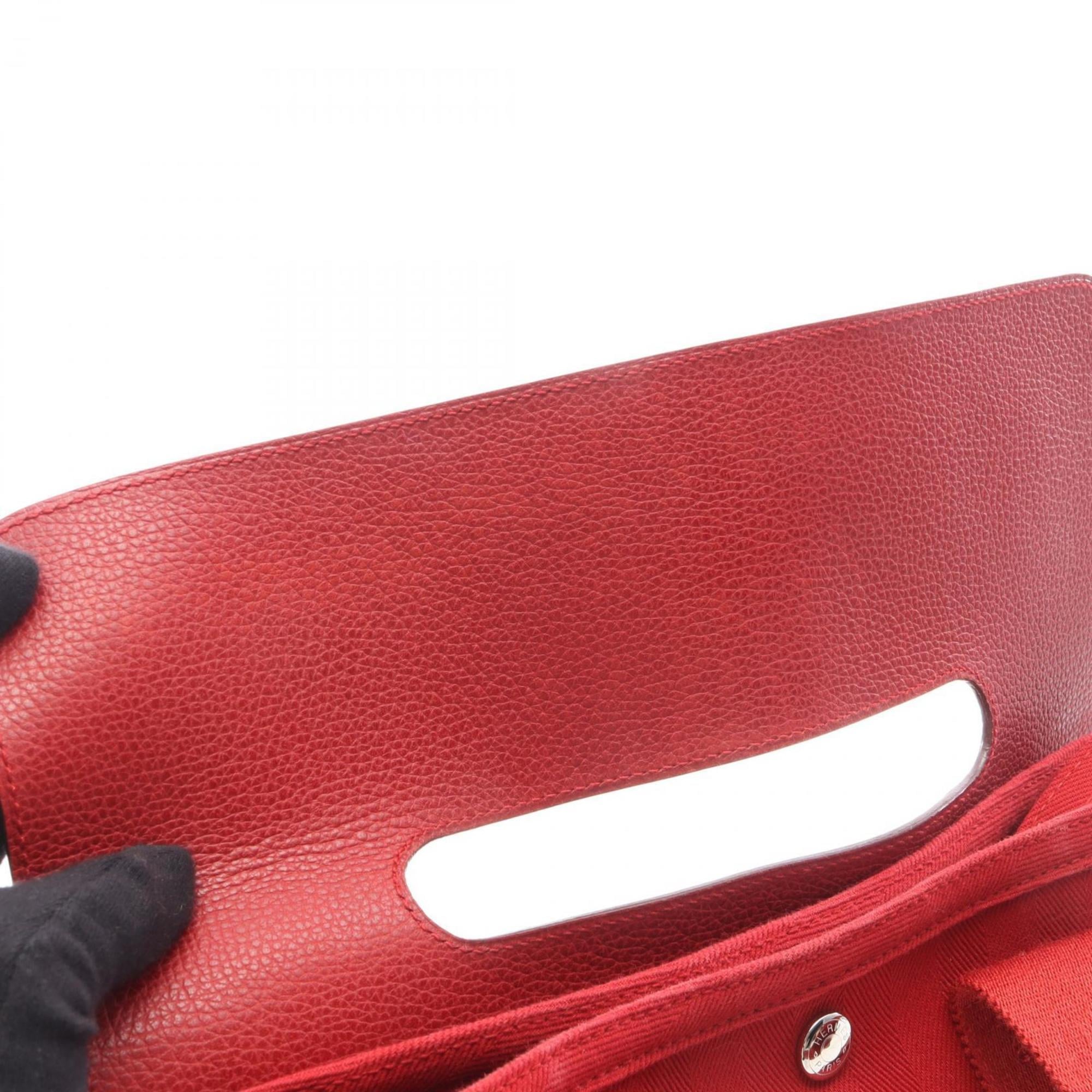 Hermes Red Color Toile Chevron Canvas Leather Vache Liegee Leather Handbag Pouch (Pre-Owned)