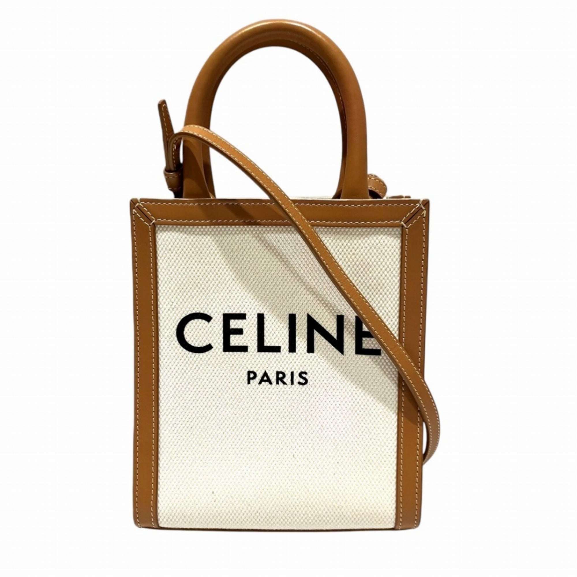Celine Brown Ivory Canvas Leather Shoulder Bag (Pre-Owned)
