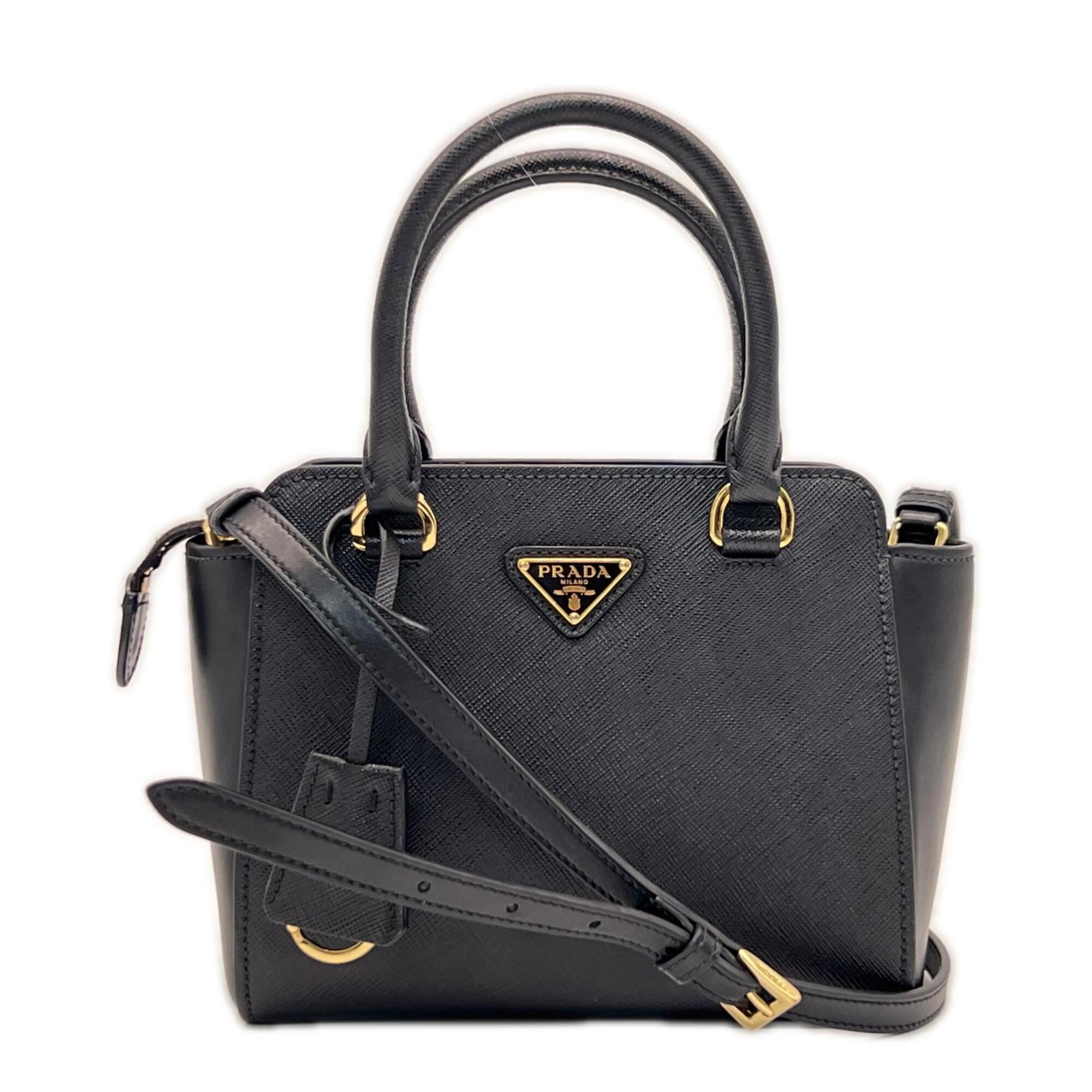Prada Saffiano Black Coated Canvas Leather Handbag Shoulder Bag (Pre-Owned)
