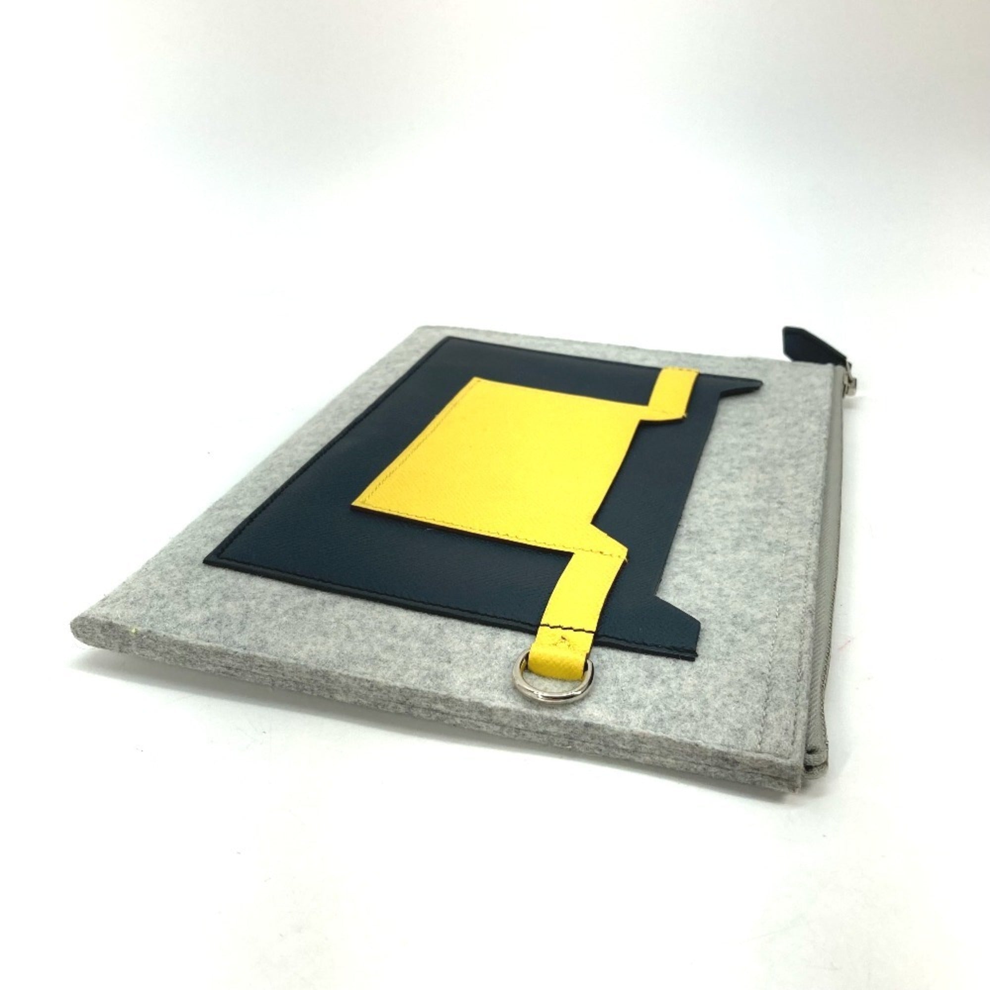 Hermes Gray Yellow Felt Epsom Leather Clutch Bag Pouch (Pre-Owned)