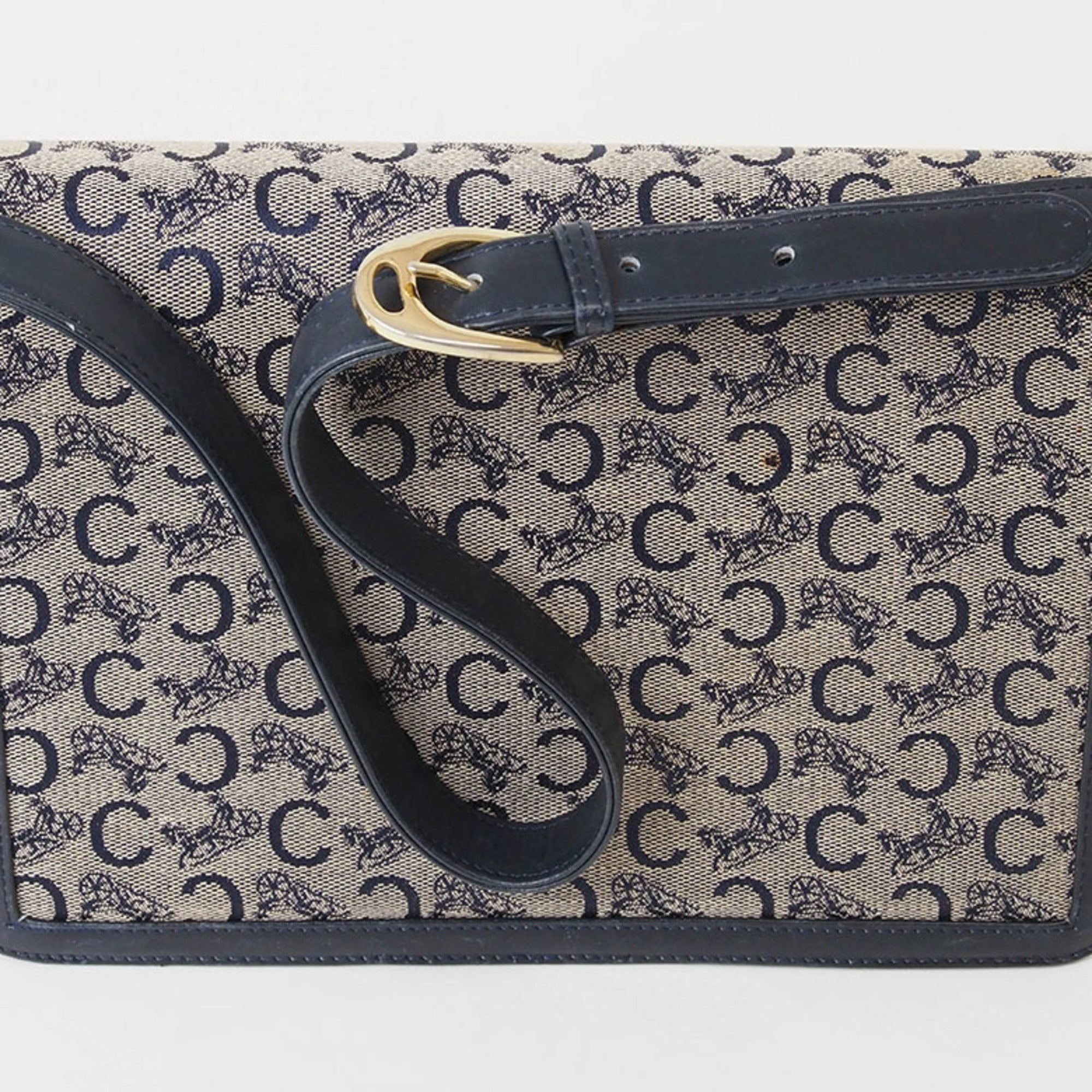 Celine Beige Navy Canvas Leather Shoulder Bag (Pre-Owned)