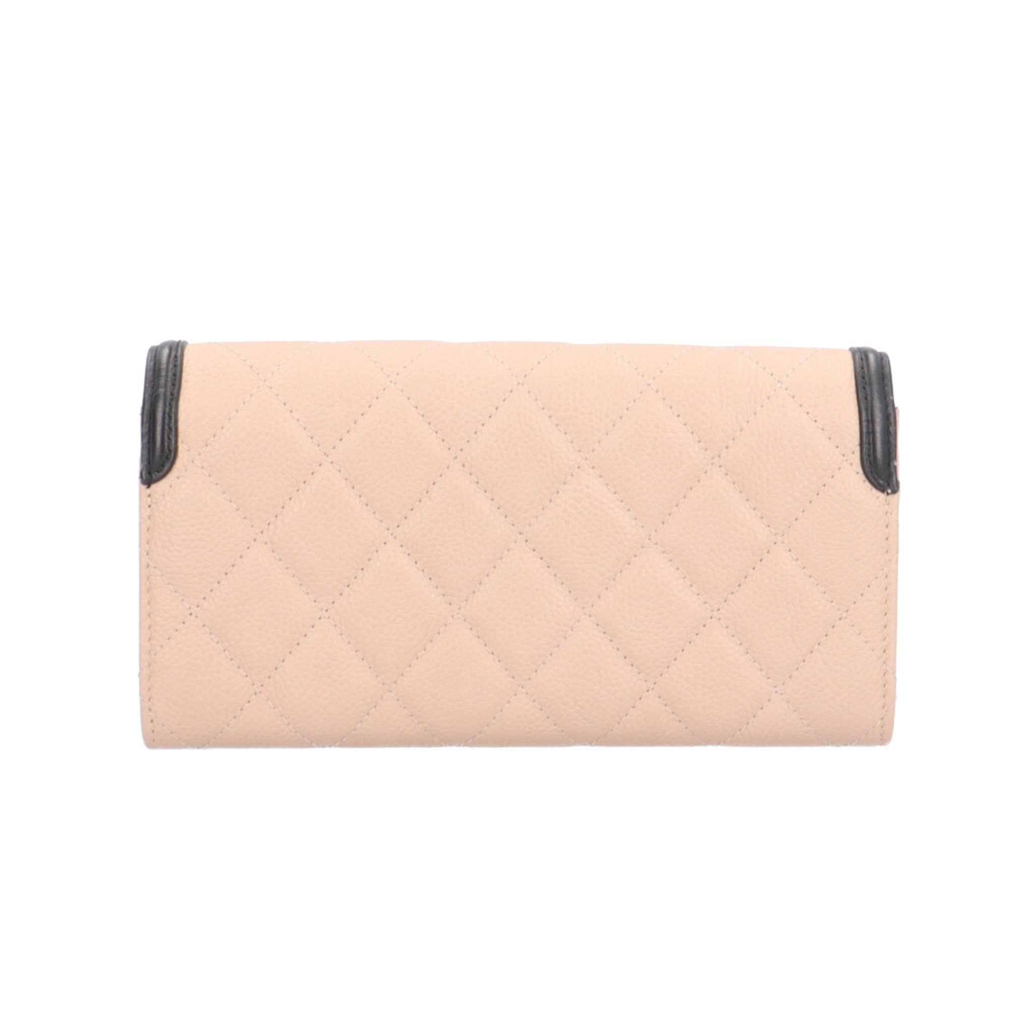 Chanel Beige Black Grained Calfskin Long Wallet (Bi-Fold) (Pre-Owned)