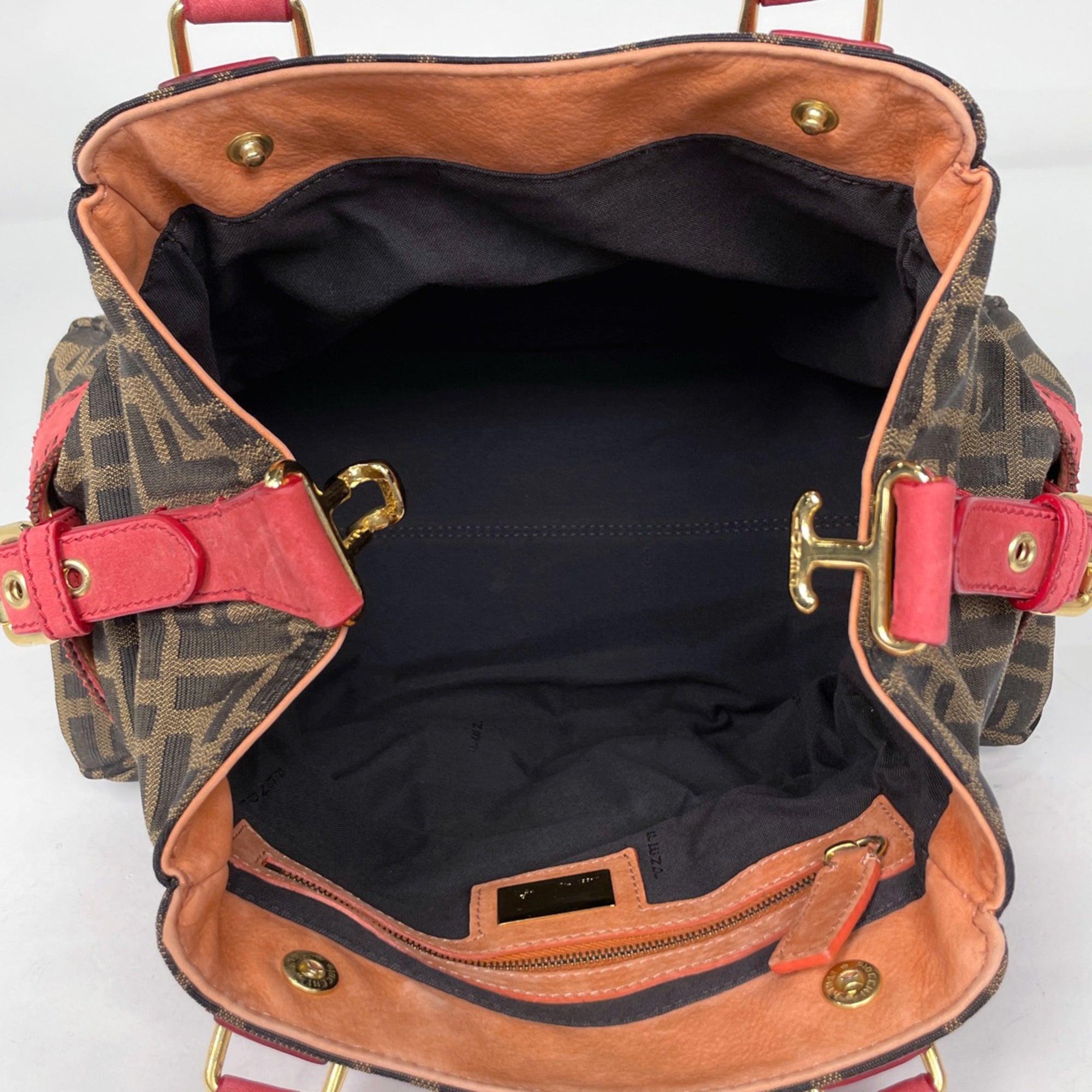 Fendi Brown Red Color Canvas Leather Handbag (Pre-Owned)