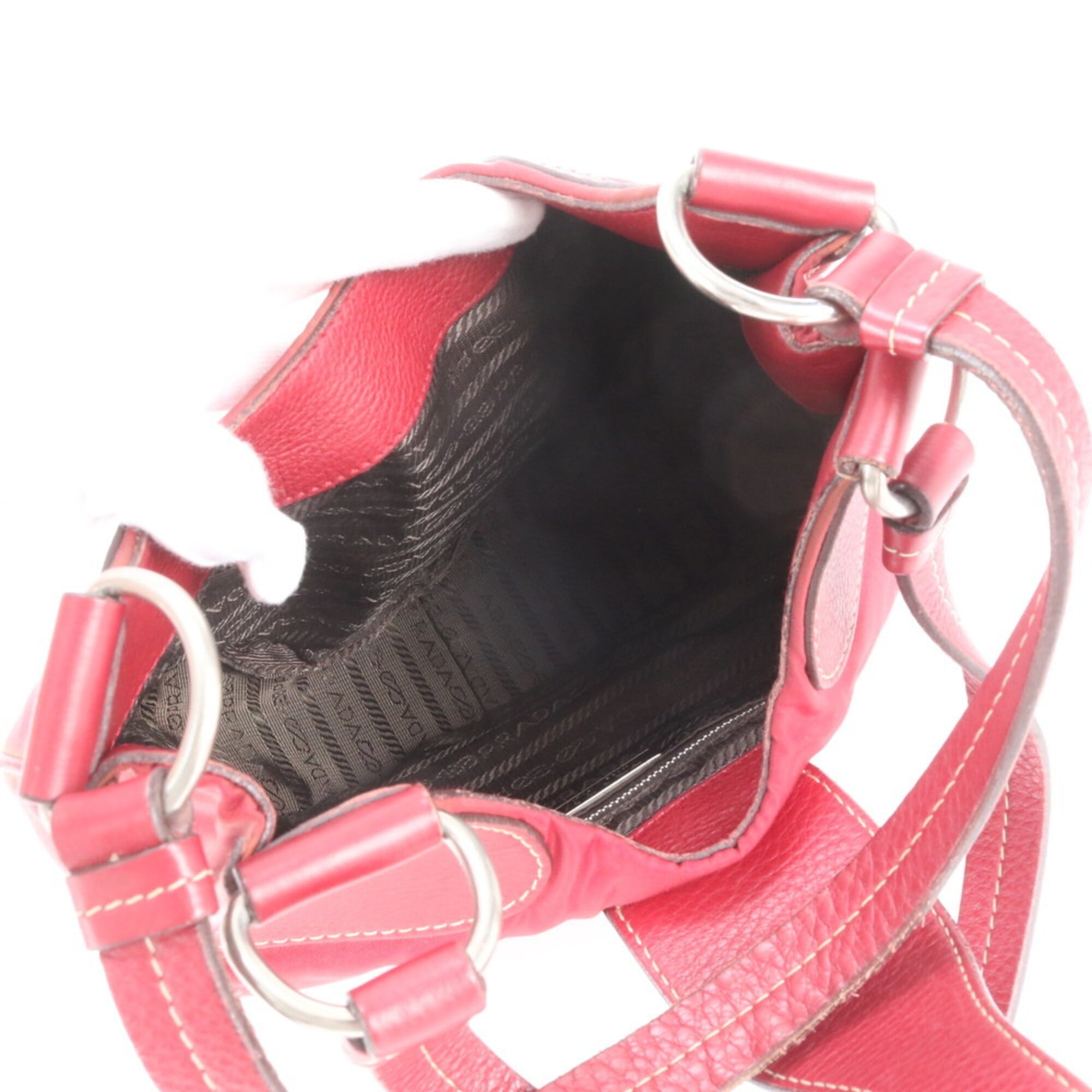 Prada Red Color Leather Nylon Handbag Shoulder Bag Tote Bag (Pre-Owned)
