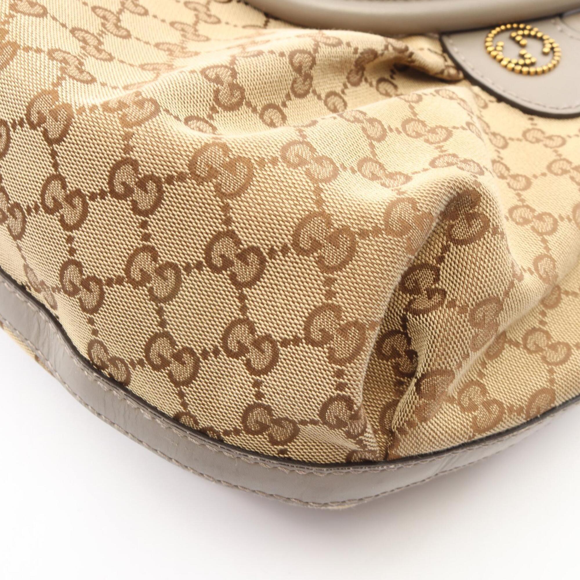 Gucci Beige Gray Canvas Leather Tote Bag (Pre-Owned)