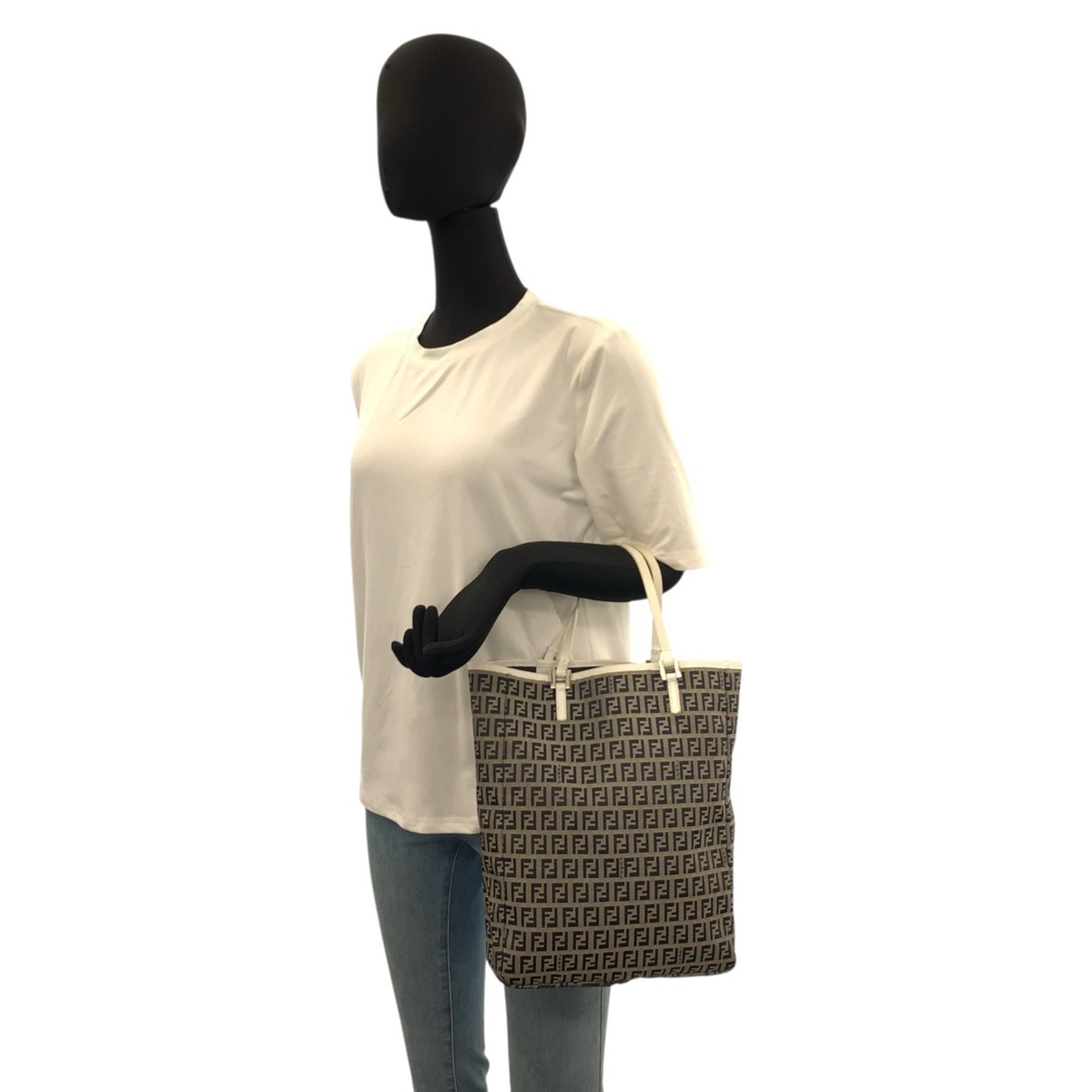Fendi Gray White Canvas Leather Handbag Tote Bag (Pre-Owned)