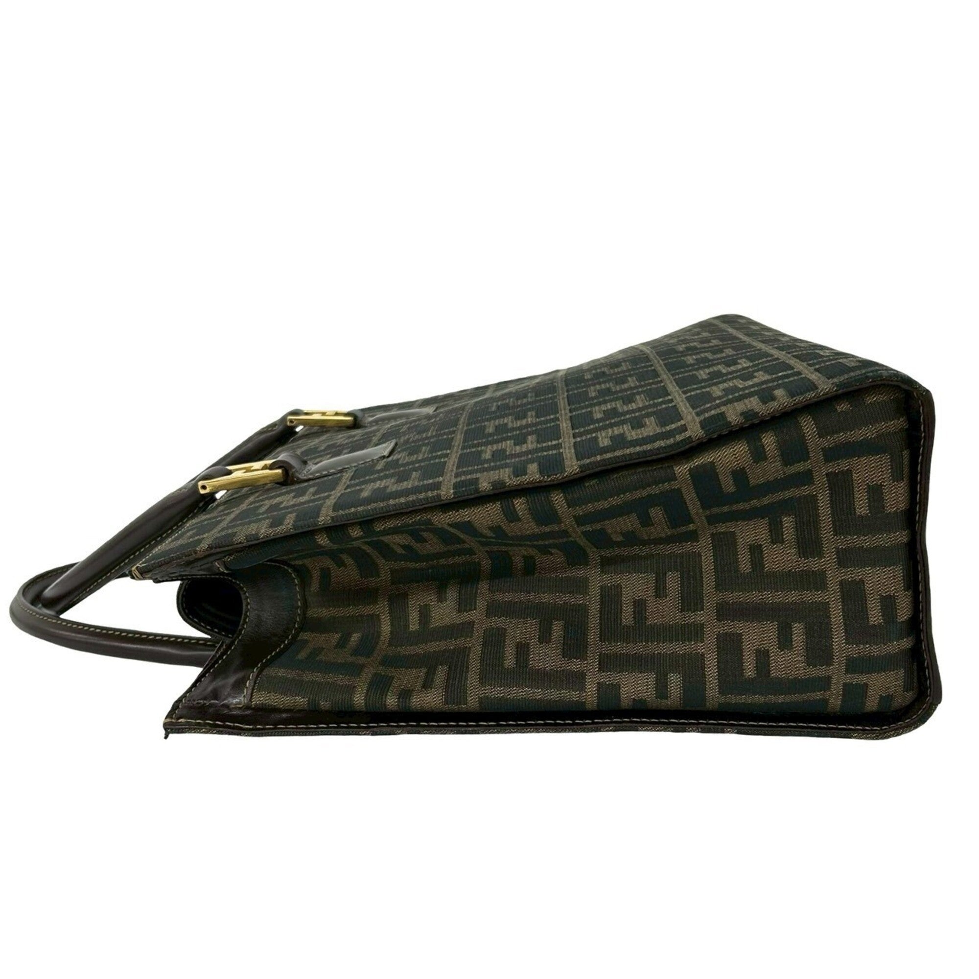 Fendi Black Brown Khaki Canvas Leather Handbag Tote Bag (Pre-Owned)