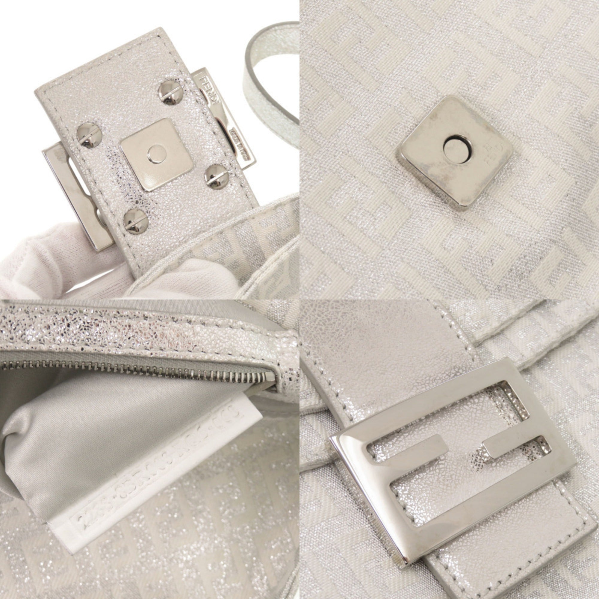 Fendi Silver Canvas Leather Handbag Shoulder Bag (Pre-Owned)