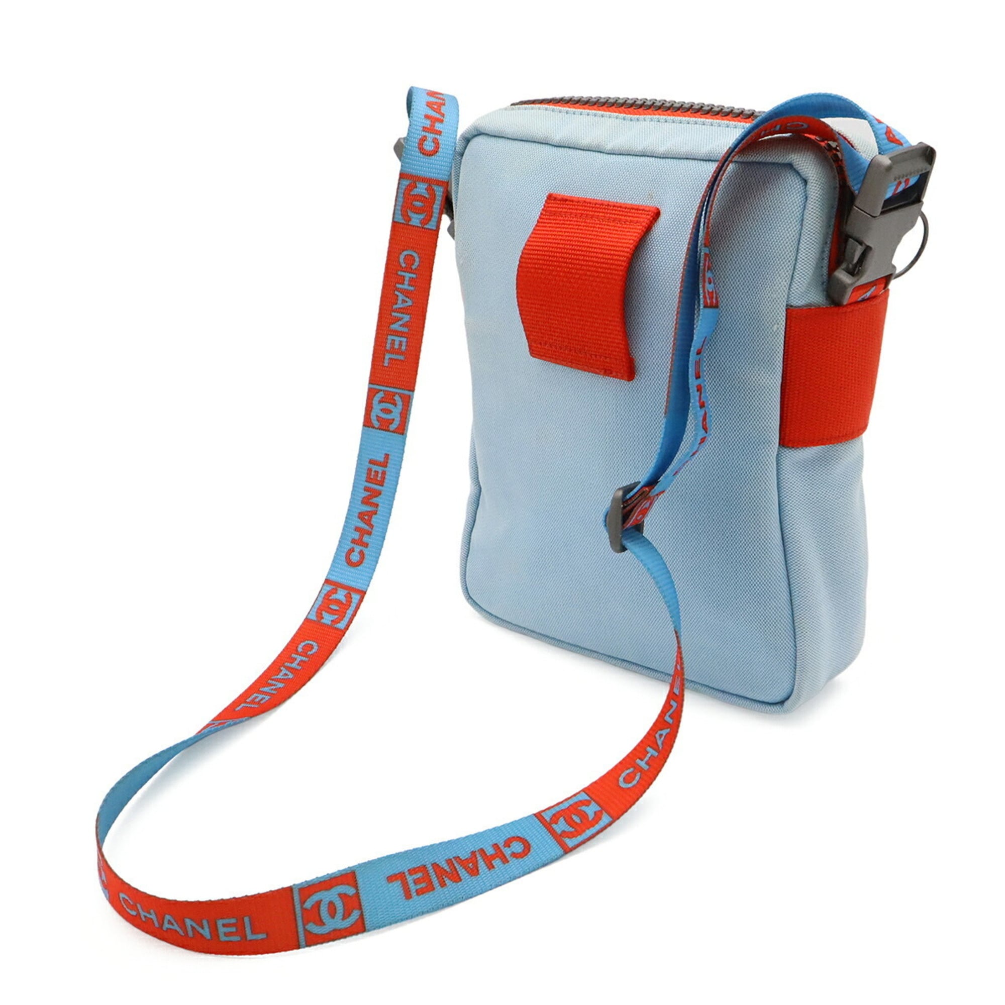 Chanel Clear Light Blue Red Color Nylon Canvas Pochette Shoulder Bag (Pre-Owned)