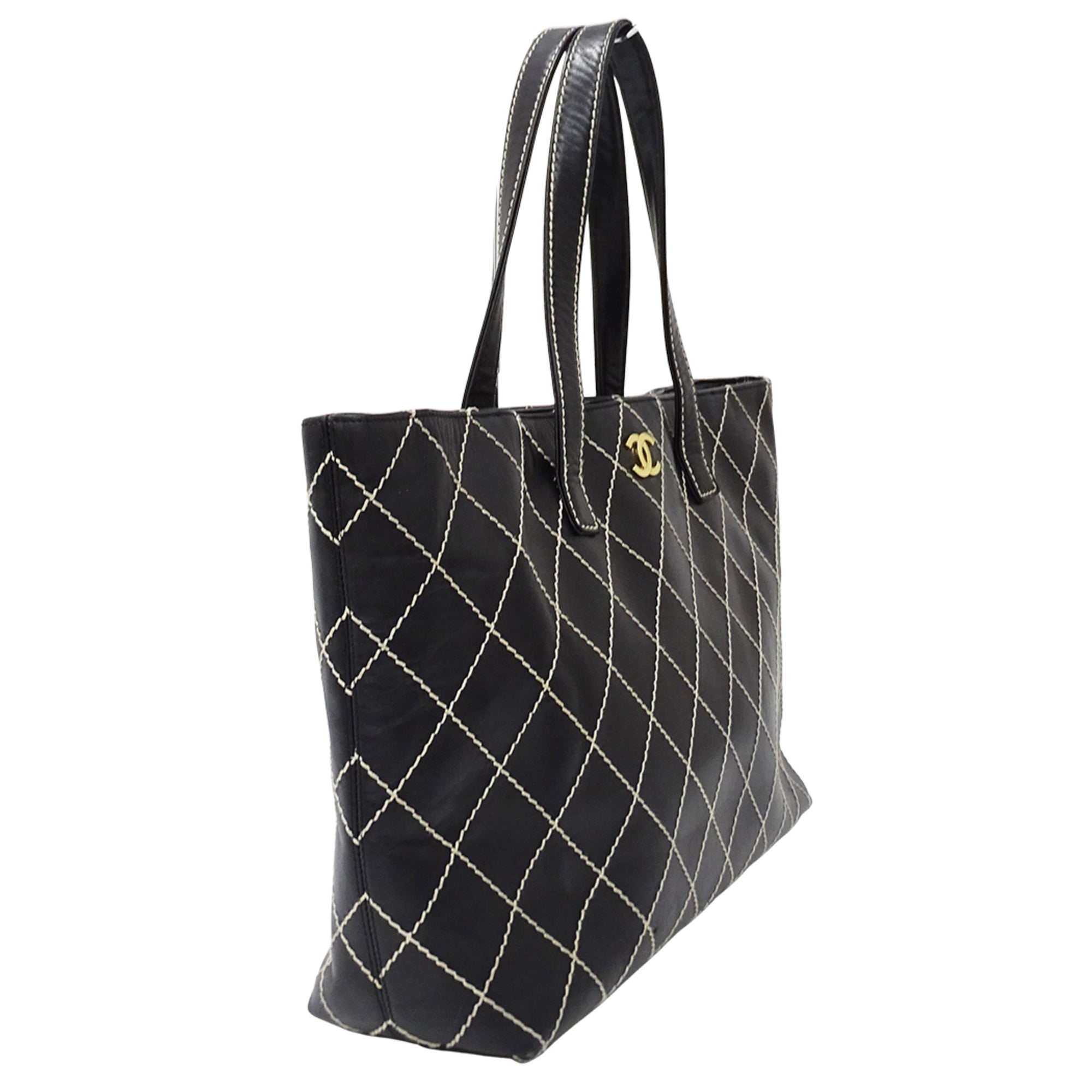 Chanel Wild Stitch Black Leather Handbag Tote Bag (Pre-Owned)