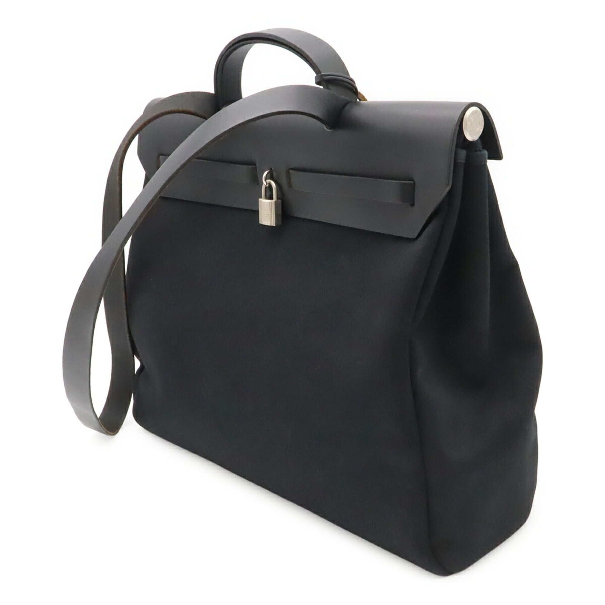 Hermes Her Bag Black Toile Officier Leather Handbag Shoulder Bag (Pre-Owned)