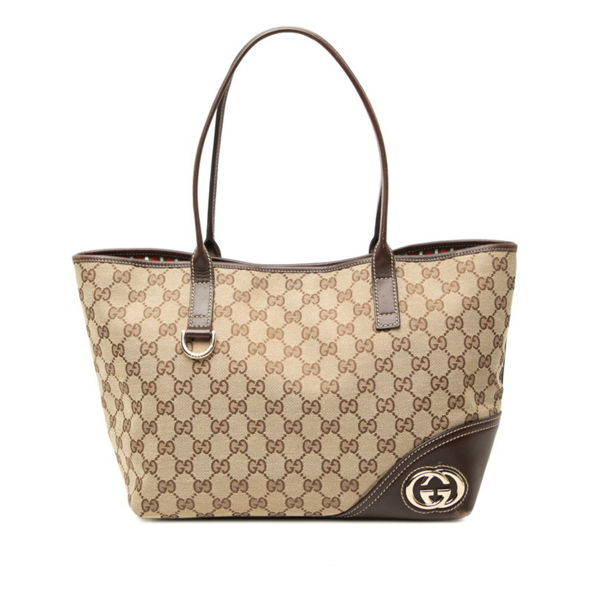 Gucci Beige Brown Canvas Leather Handbag Tote Bag (Pre-Owned)