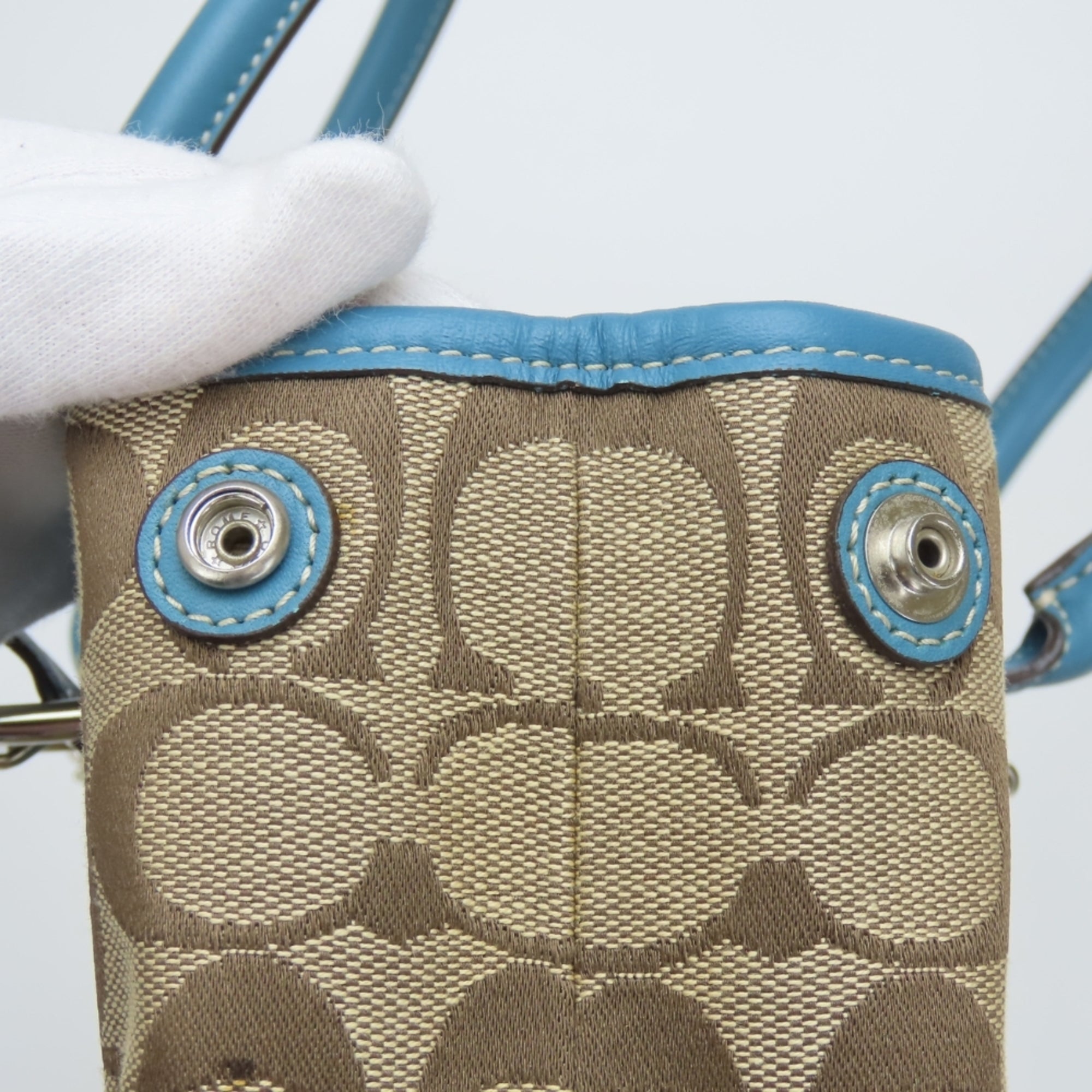 Coach Beige Blue Signature Line Canvas Leather Handbag (Pre-Owned)