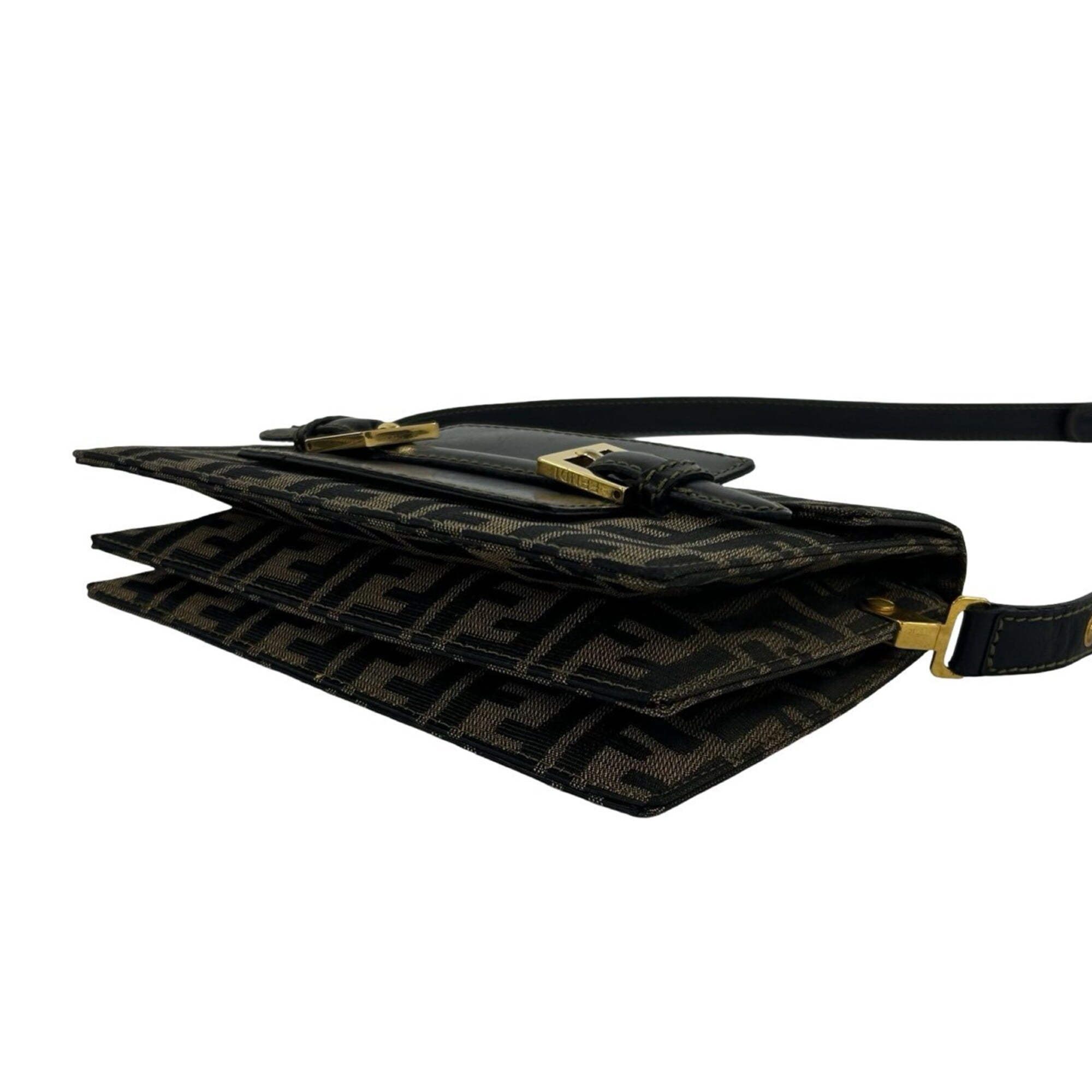 Fendi Black Brown Canvas Leather Pochette Shoulder Bag (Pre-Owned)