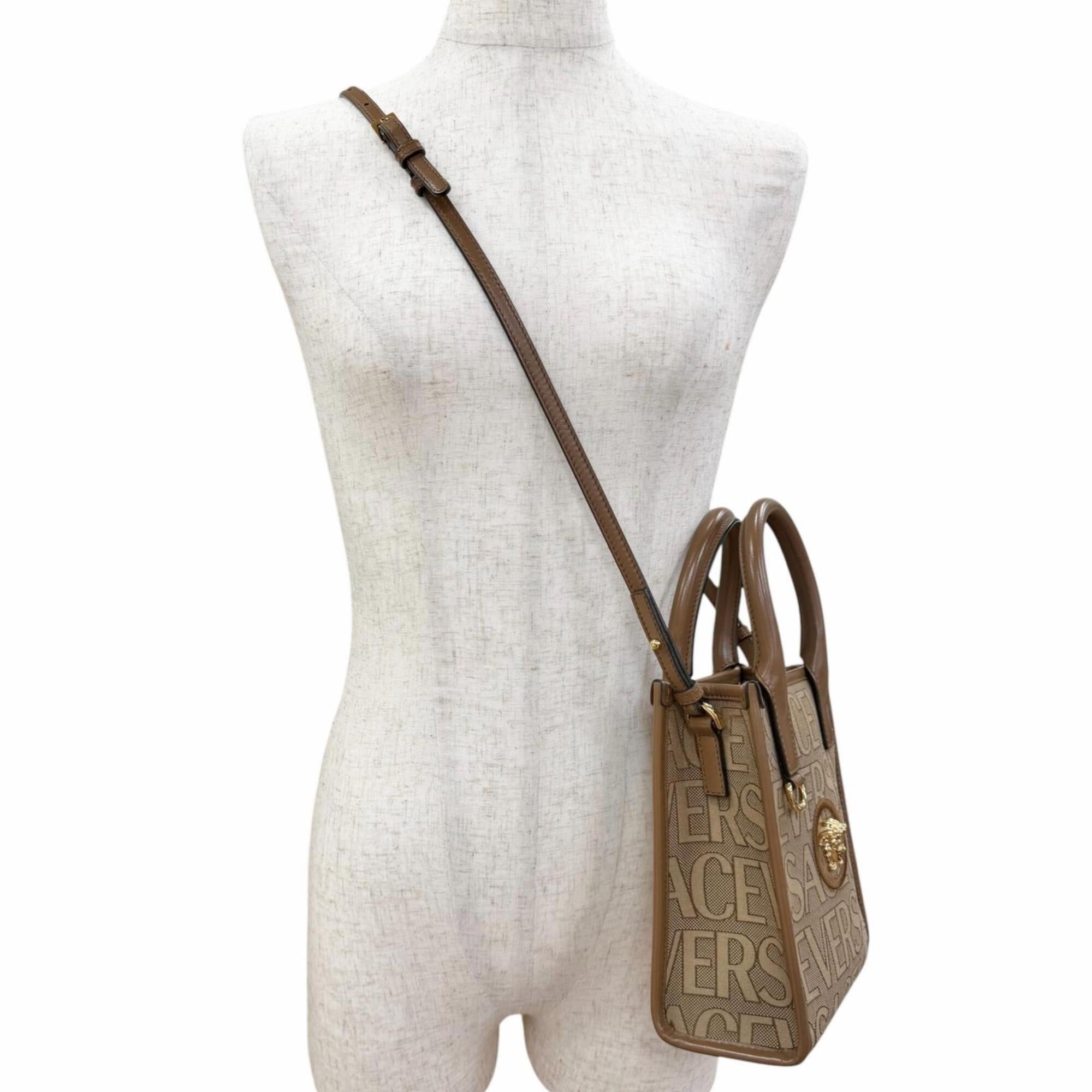 Versace Beige Brown Canvas Leather Handbag Shoulder Bag (Pre-Owned)