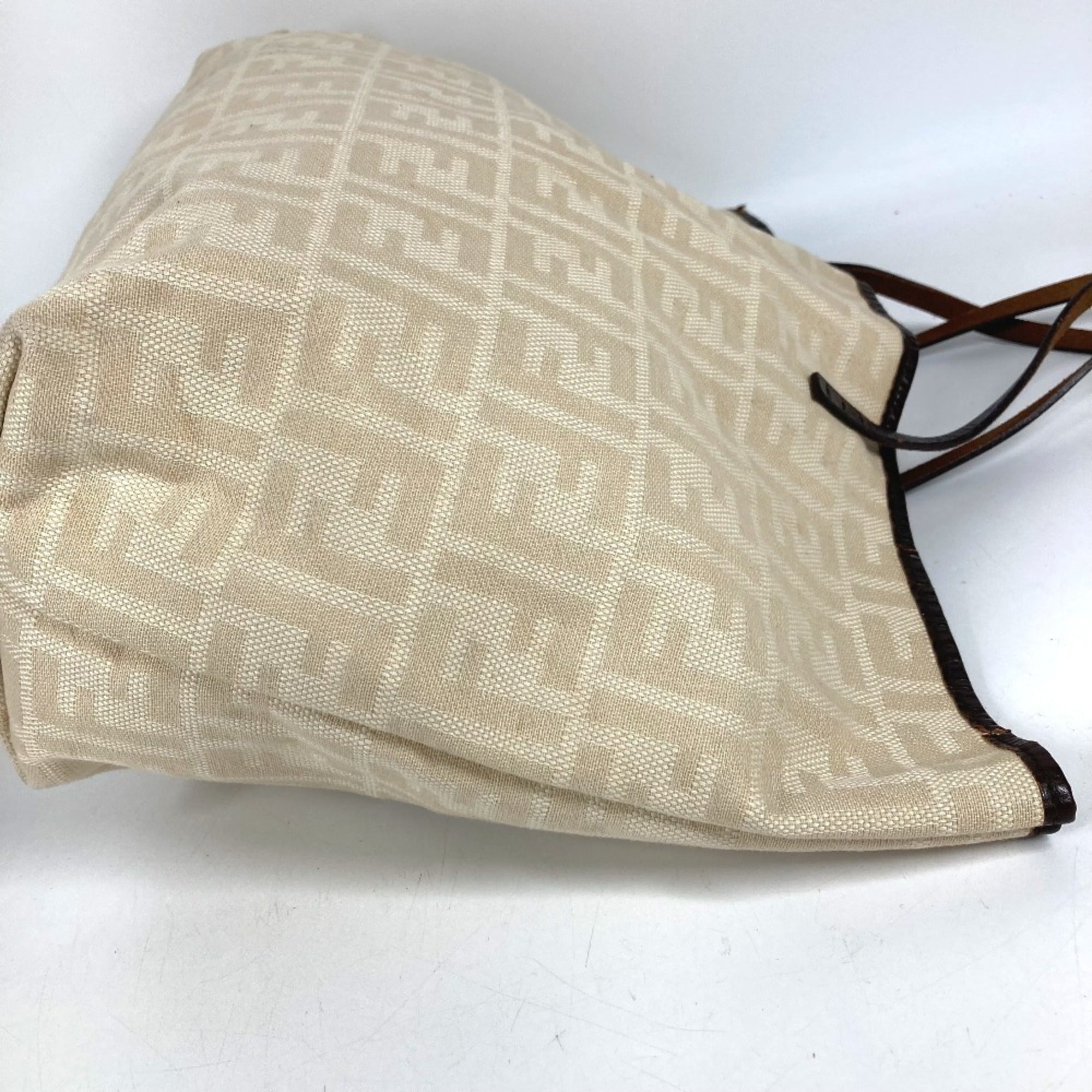 Fendi Beige Brown Yellow Canvas Leather Shoulder Bag Tote Bag (Pre-Owned)