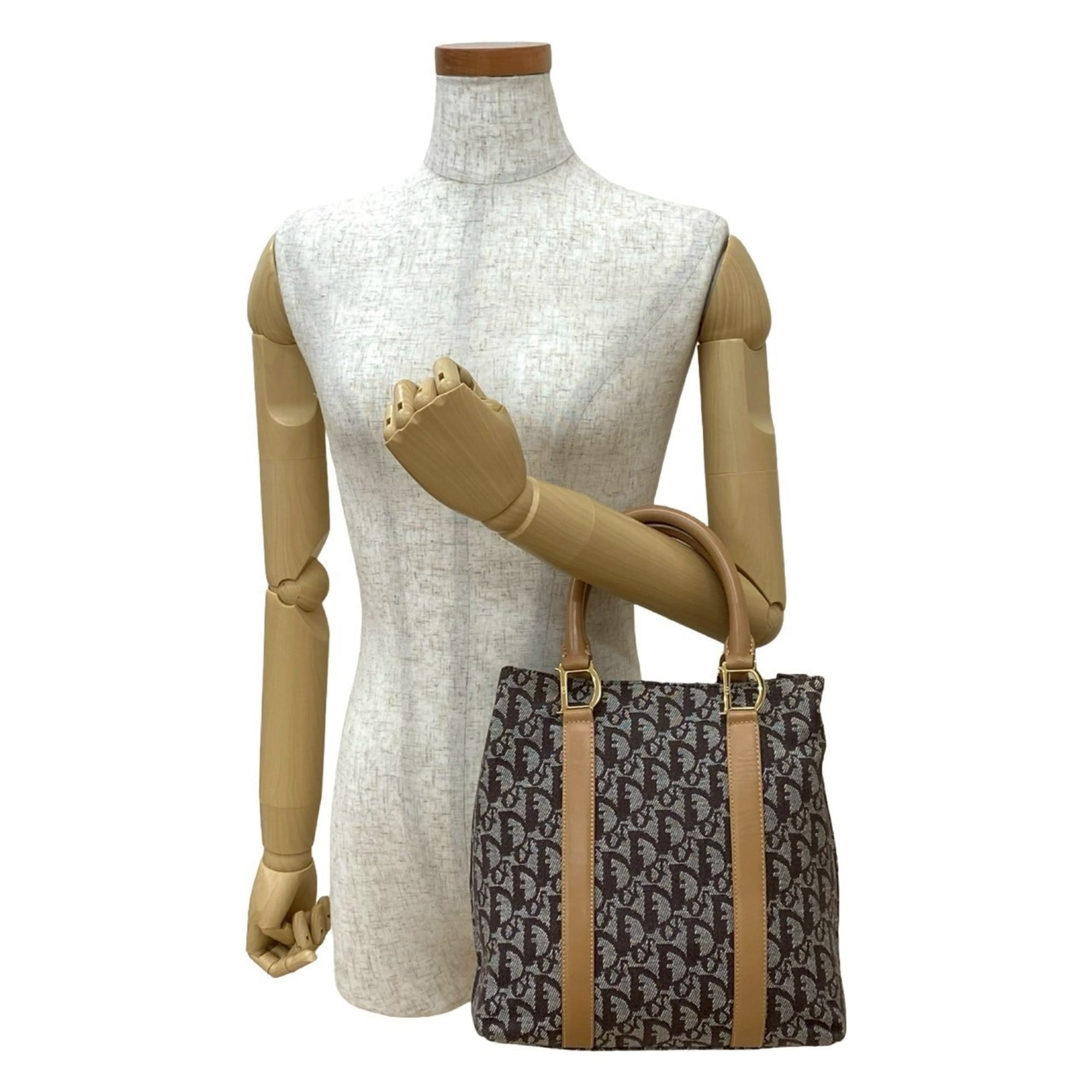 Christian Dior Beige Brown Leather Canvas Handbag (Pre-Owned)