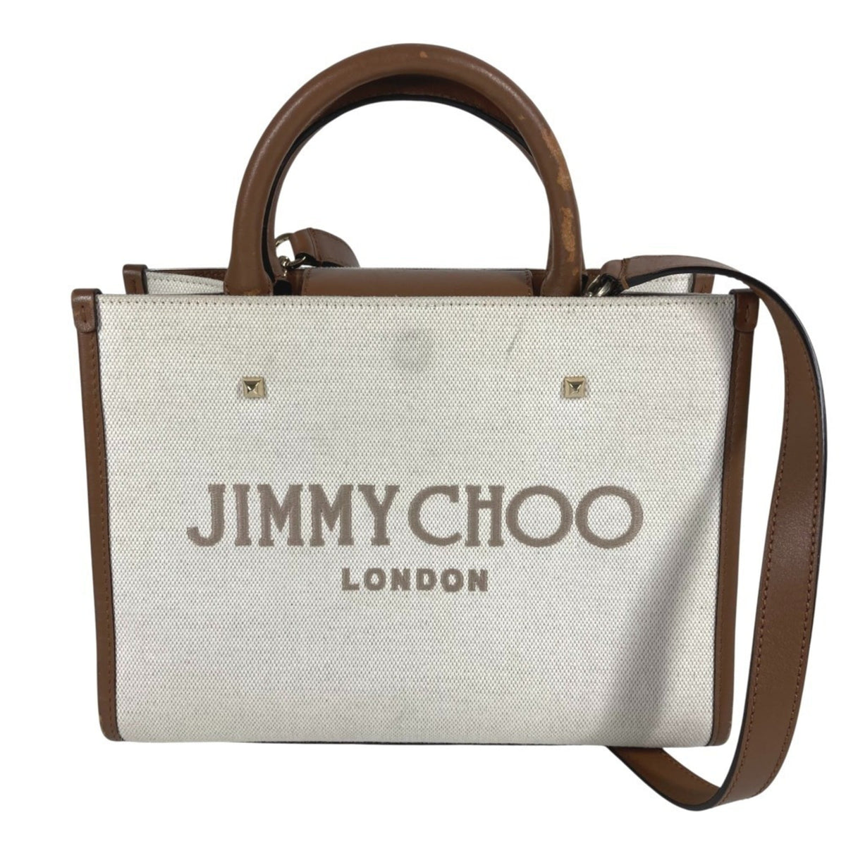 Jimmy Choo Beige Leather Canvas Handbag Shoulder Bag Tote Bag (Pre-Owned)