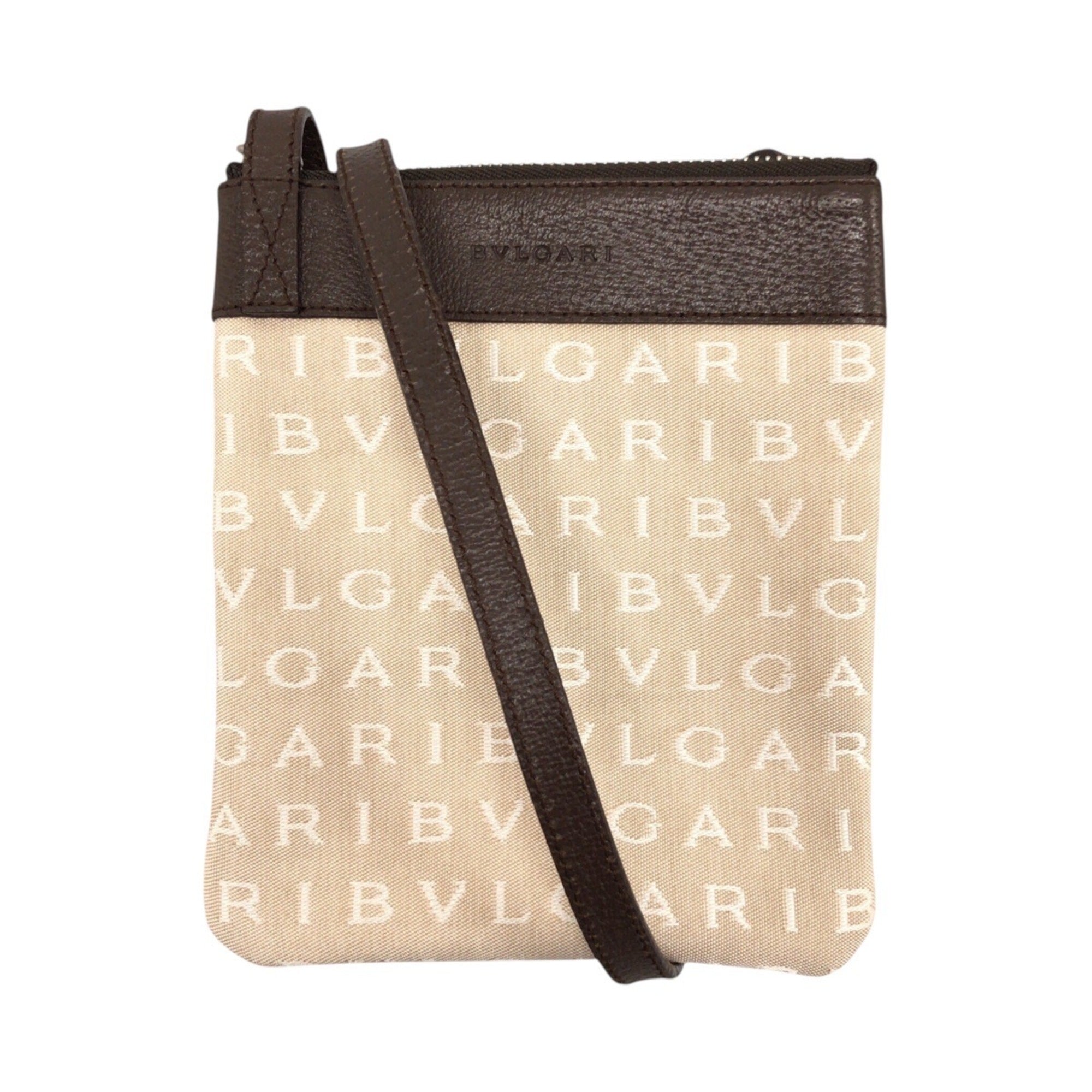 Bvlgari Beige Brown Leather Canvas Pochette Shoulder Bag (Pre-Owned)