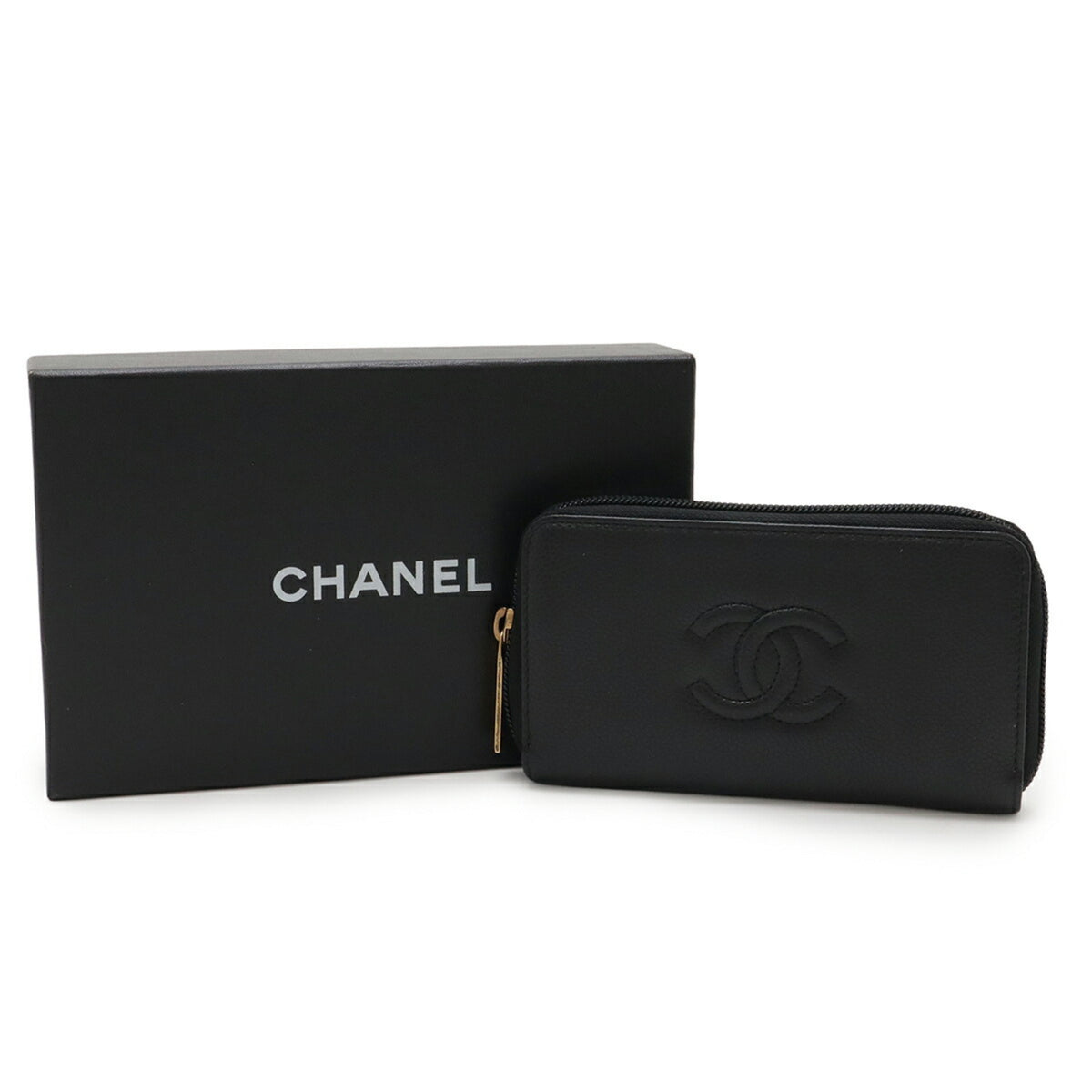 Chanel Black Grained Calfskin Leather Long Wallet (Bi-Fold) (Pre-Owned)