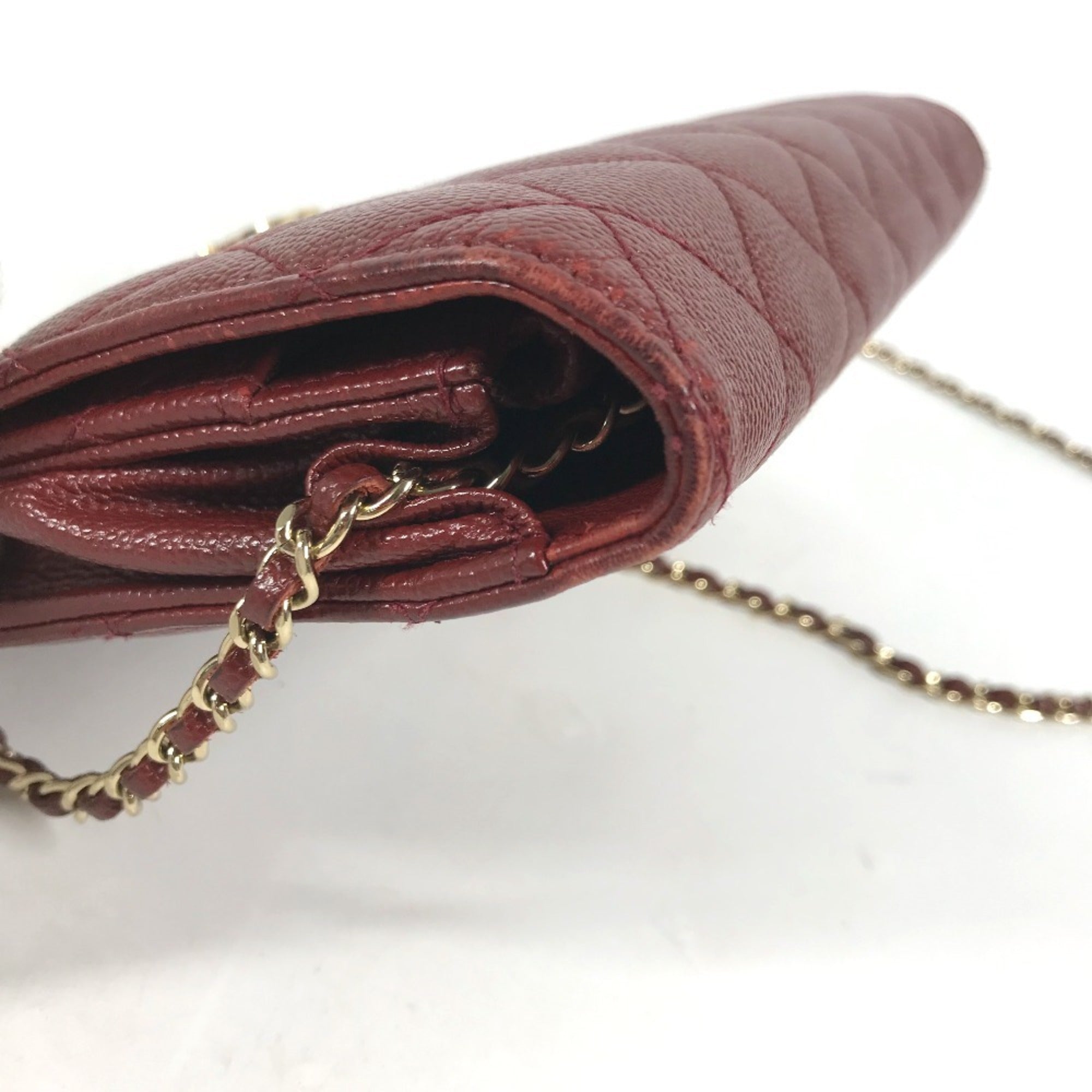 Chanel Red Color Grained Calfskin Chain/Shoulder Wallet (Pre-Owned)