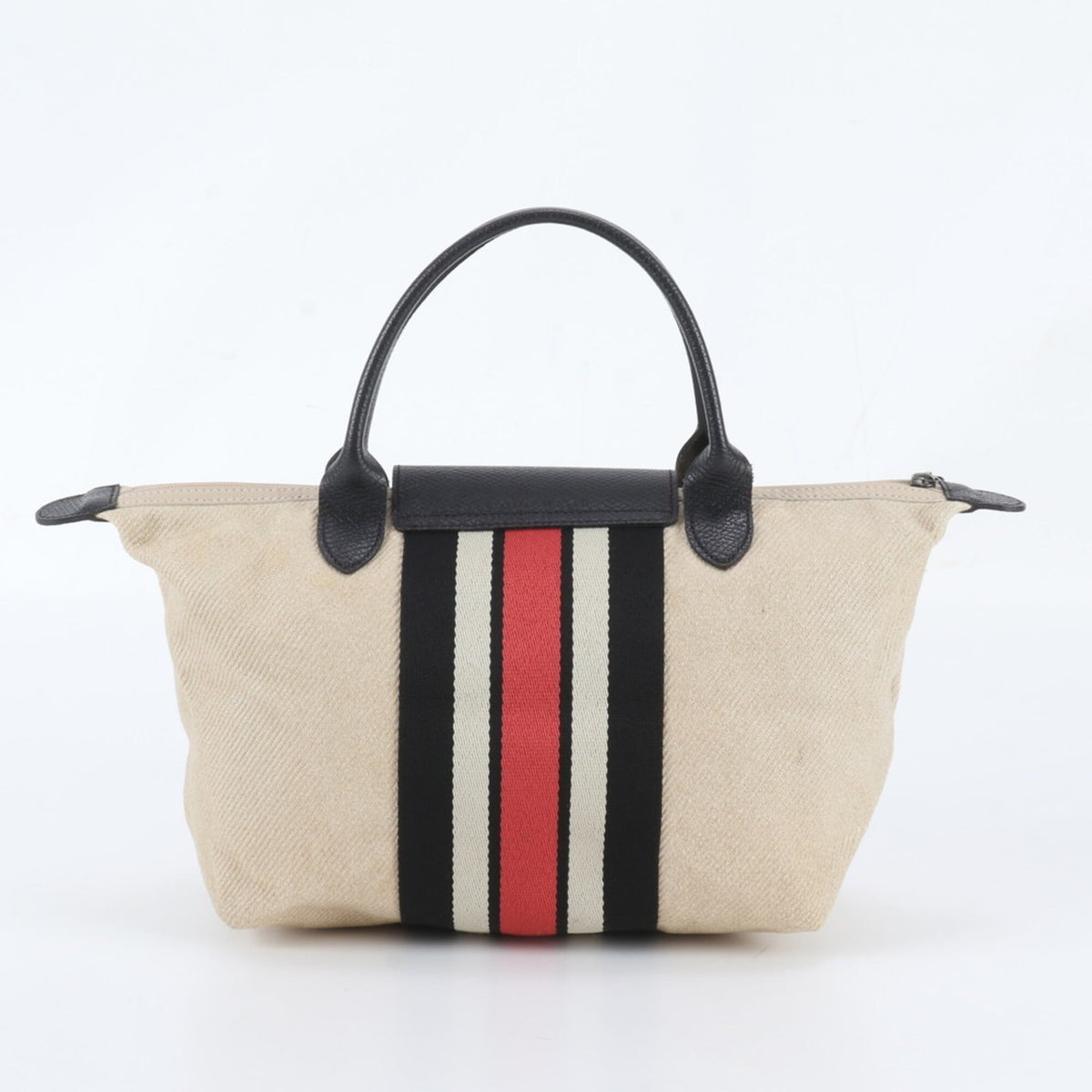 Longchamp Beige Black Leather Canvas Handbag Shoulder Bag Tote Bag (Pre-Owned)