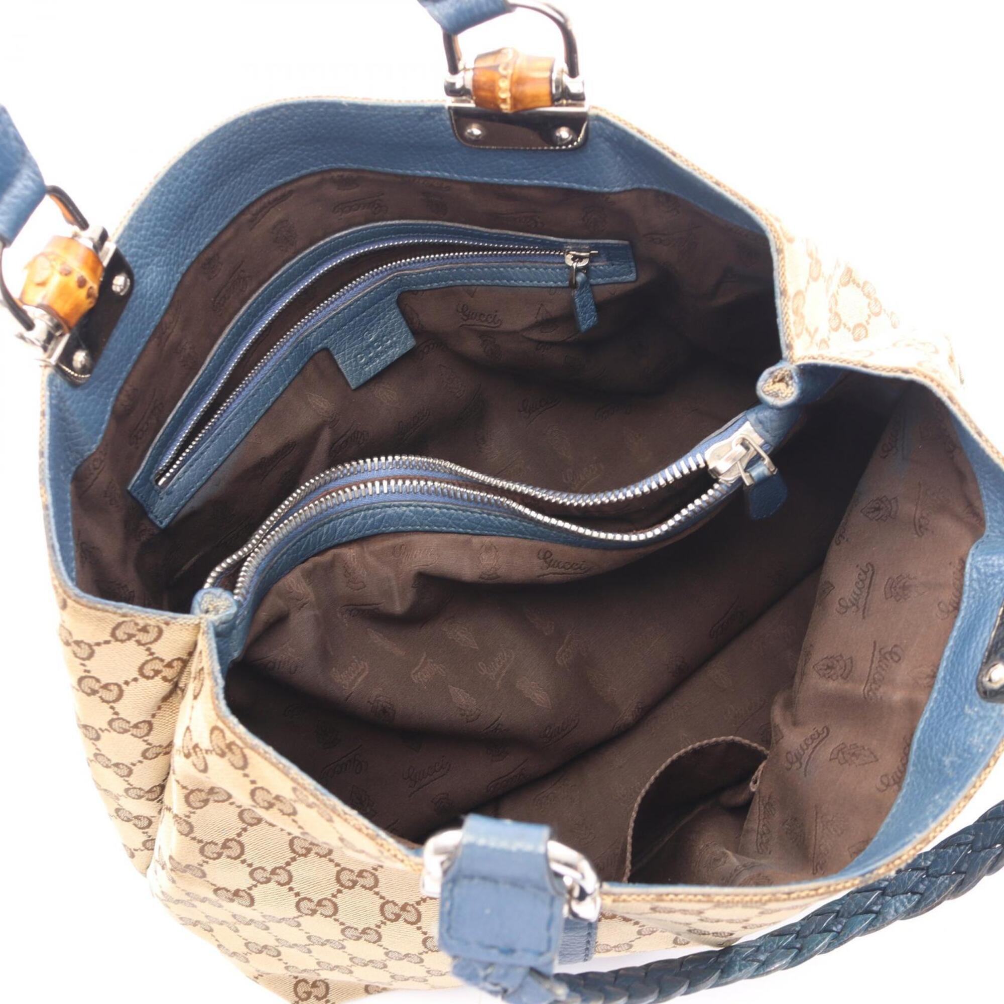 Gucci Beige Blue Canvas Leather Handbag Tote Bag (Pre-Owned)