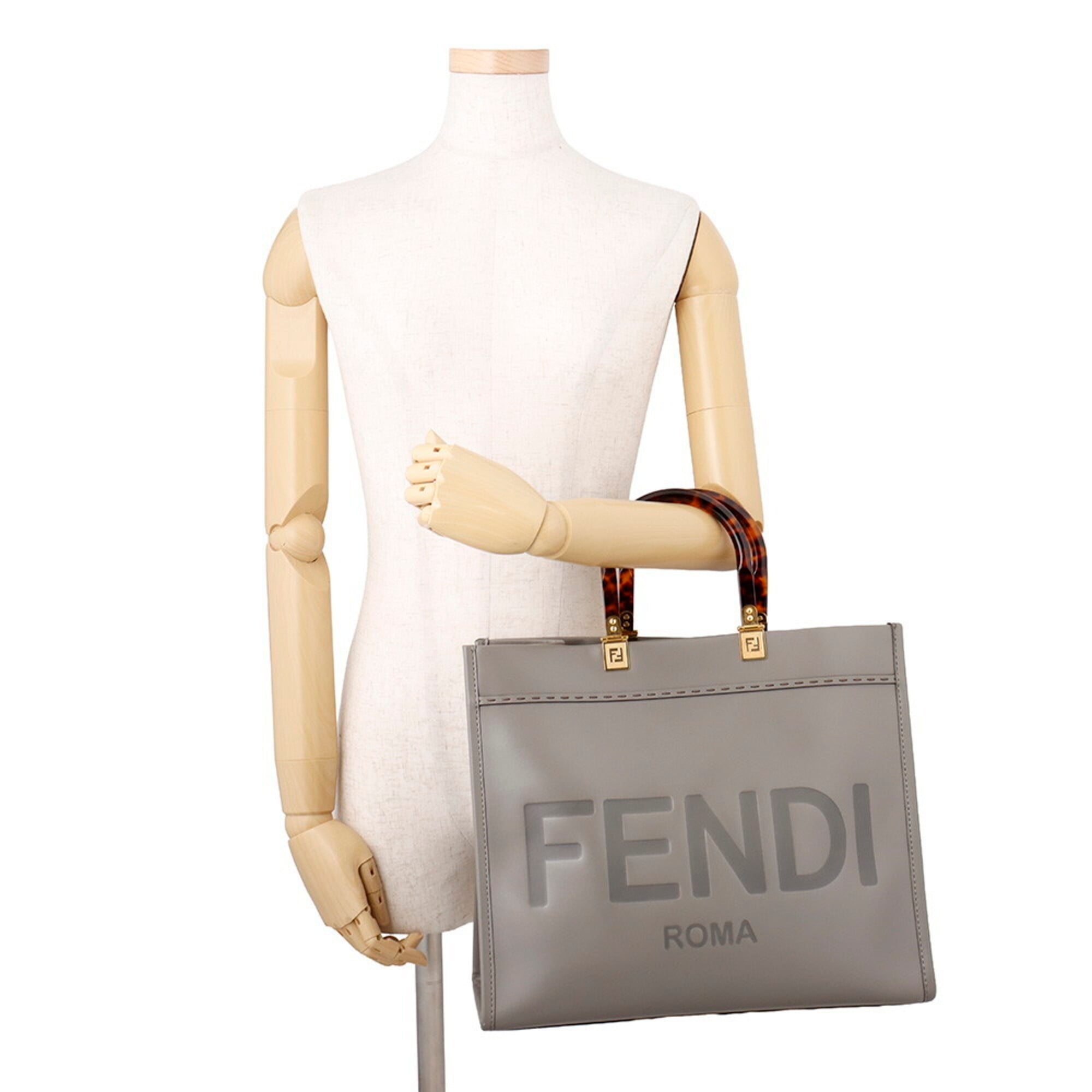 Fendi Gray Leather Handbag Shoulder Bag Tote Bag (Pre-Owned)