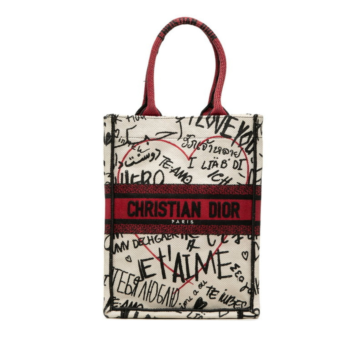 Christian Dior Black Red Color White Canvas Handbag Tote Bag (Pre-Owned)