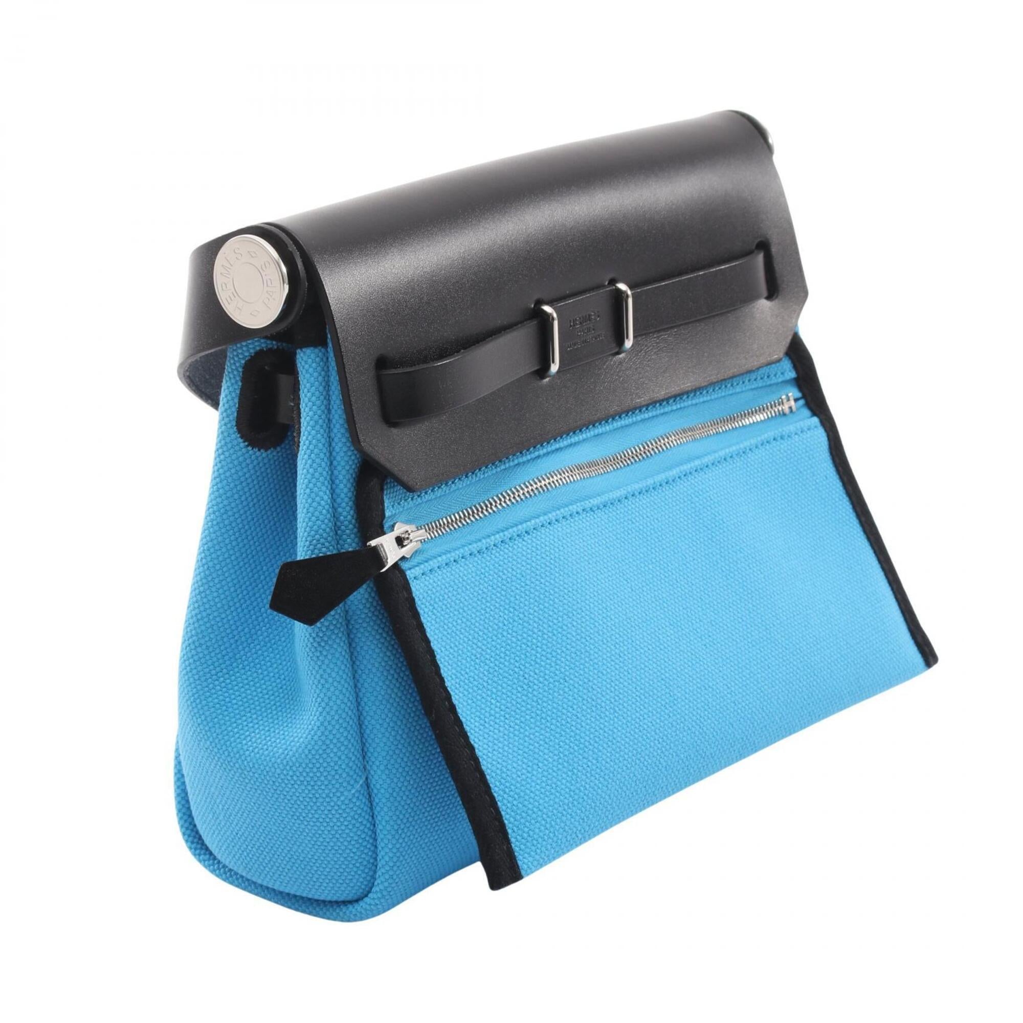 Hermes Black Blue Canvas Leather Handbag Shoulder Bag (Pre-Owned)