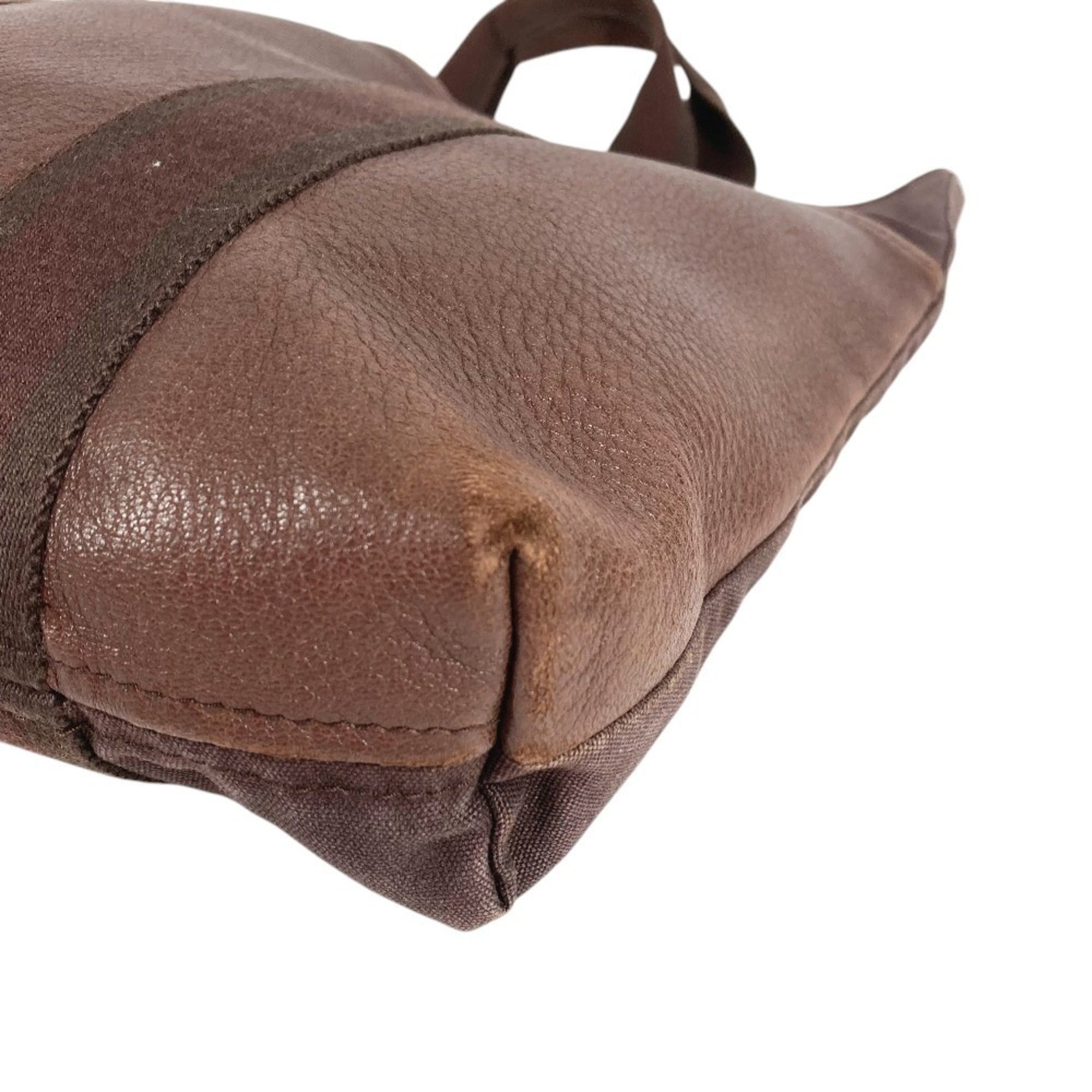 Hermes Brown Leather Canvas Handbag Tote Bag (Pre-Owned)