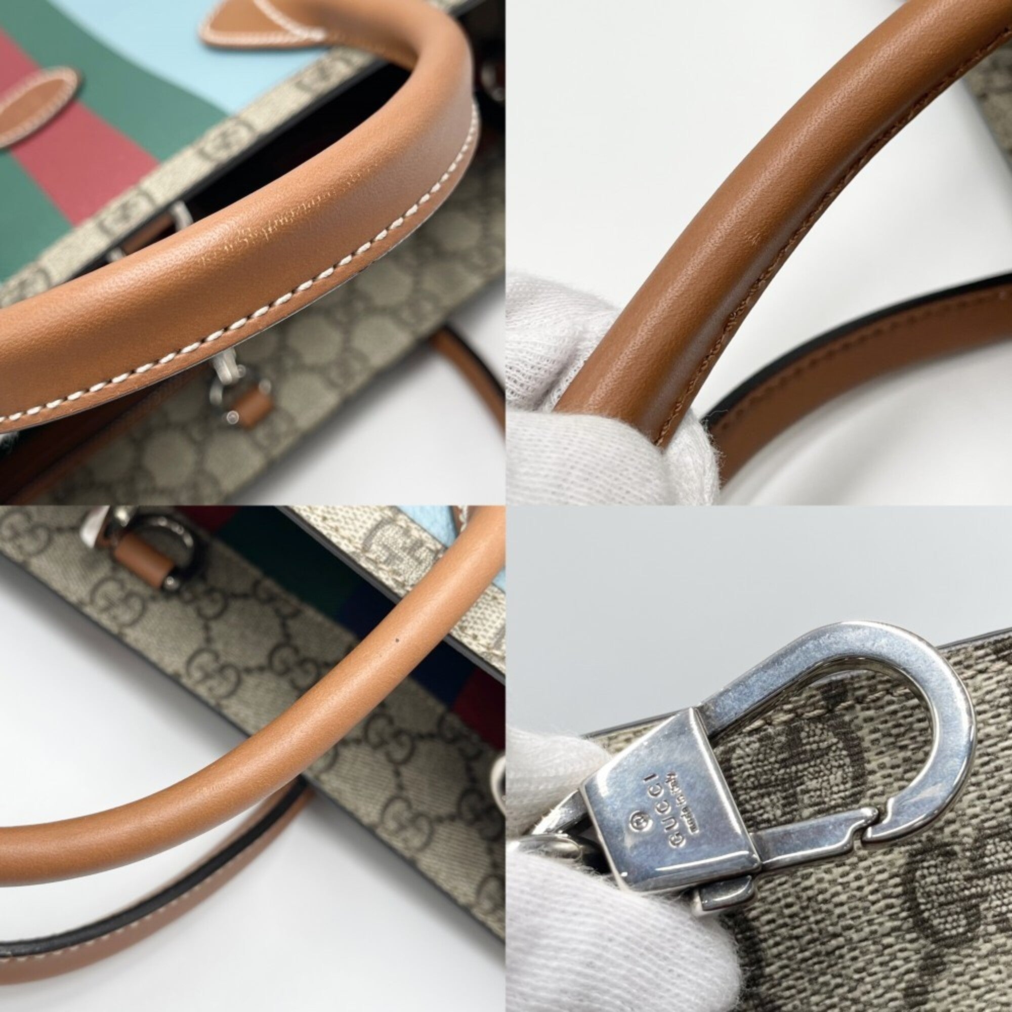 Gucci Beige Blue Pvc Coated Canvas Leather Handbag Shoulder Bag Tote Bag (Pre-Owned)