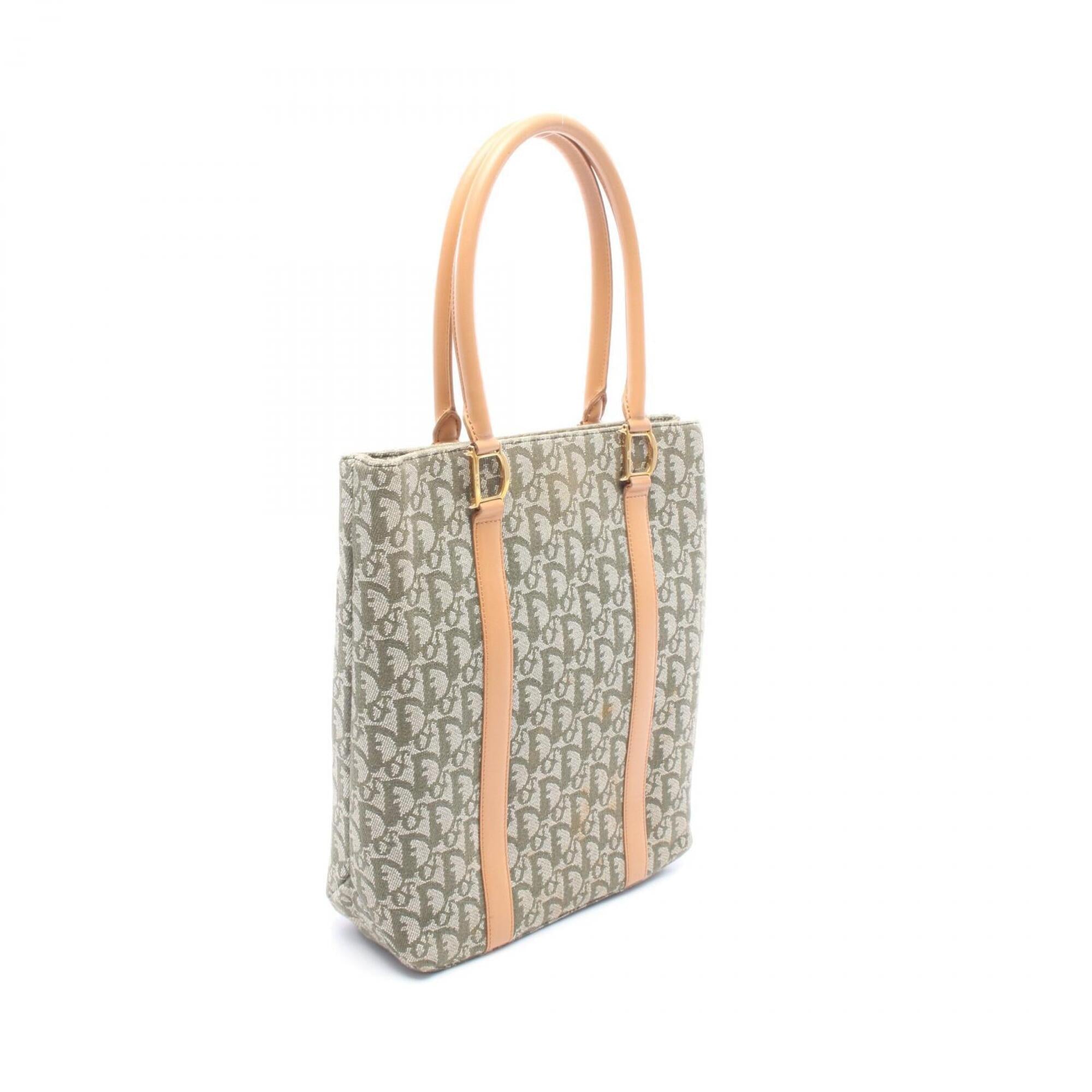 Christian Dior Beige Green Canvas Leather Handbag Tote Bag (Pre-Owned)