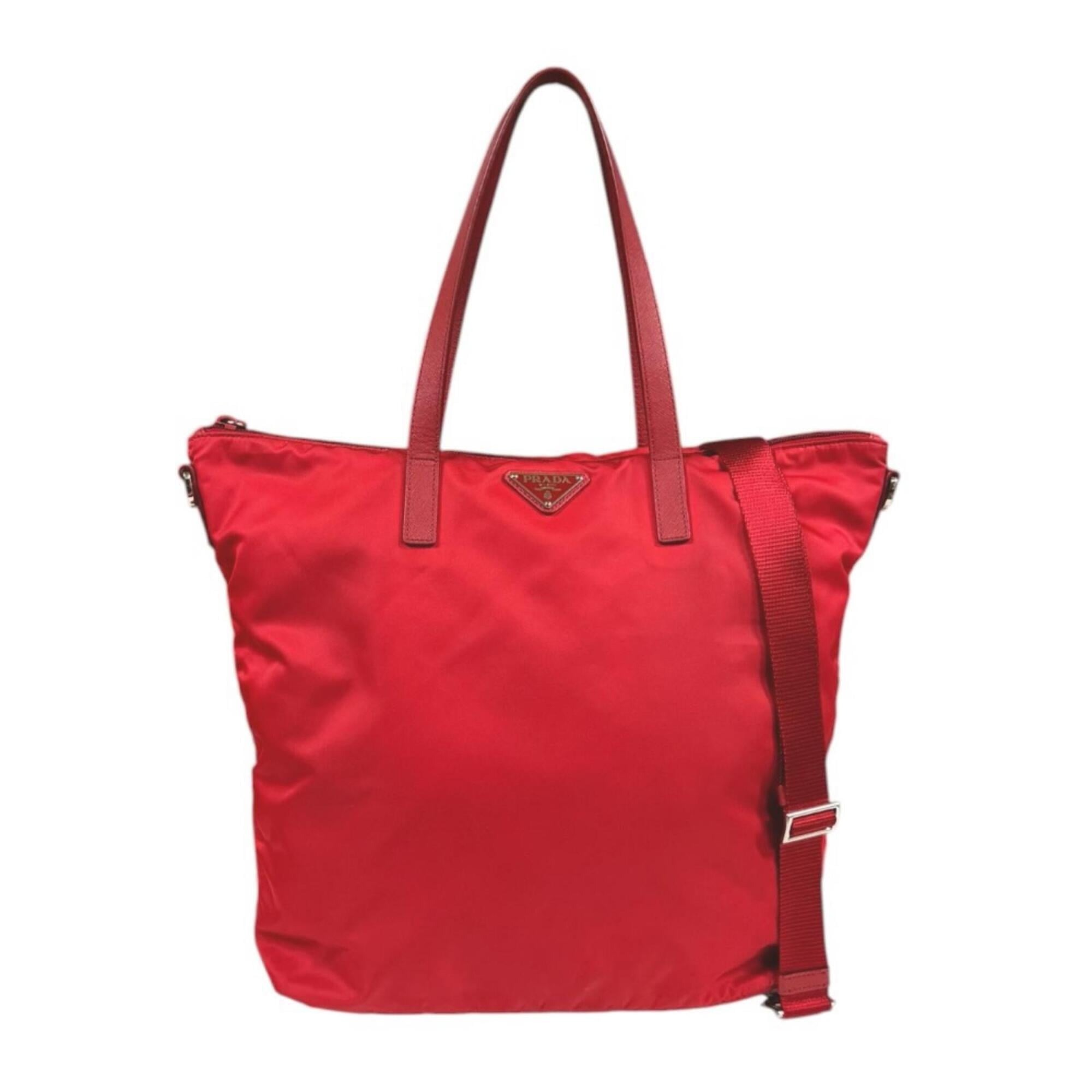 Prada Red Color Nylon Handbag Tote Bag (Pre-Owned)