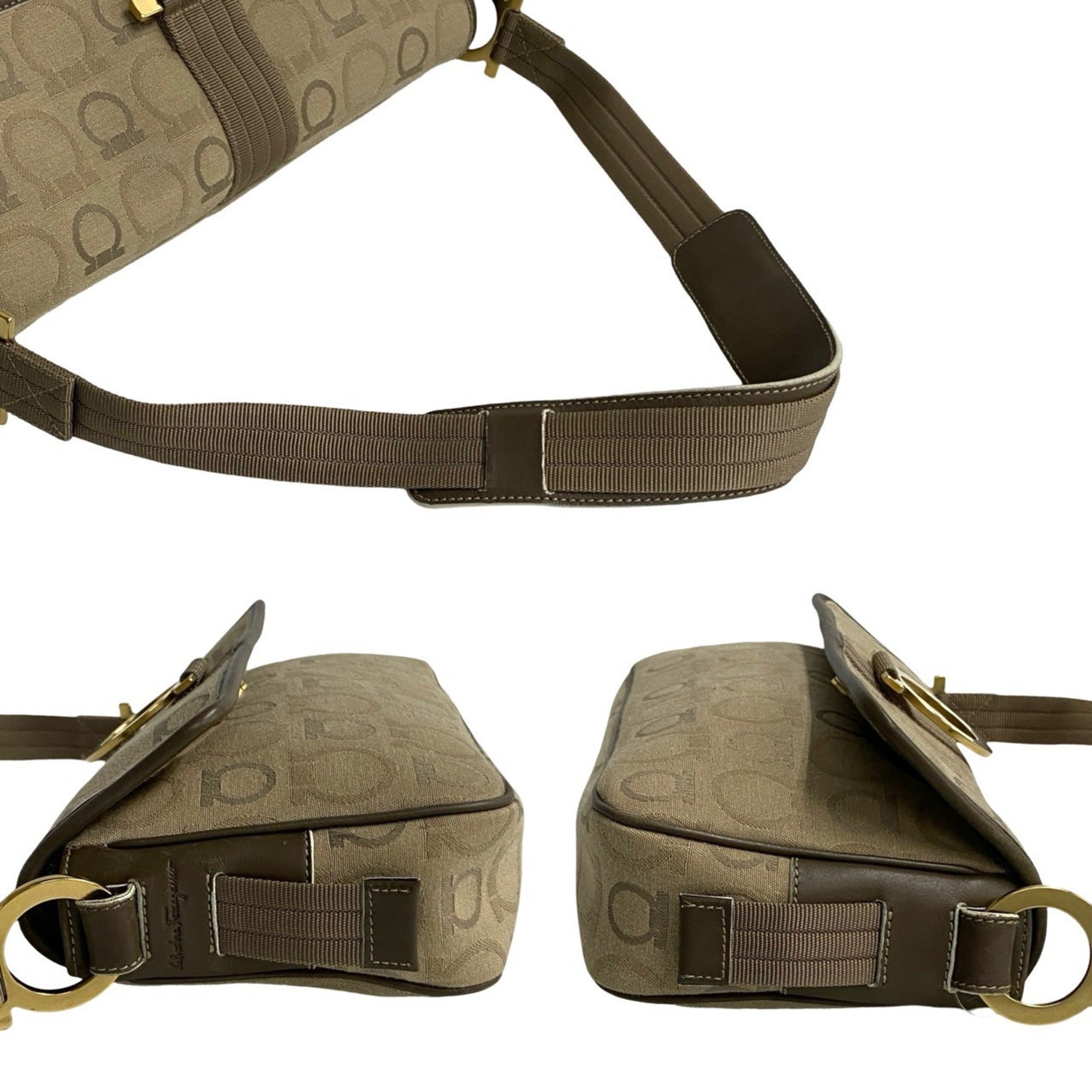 Salvatore Ferragamo Beige Brown Canvas Leather Shoulder Bag (Pre-Owned)
